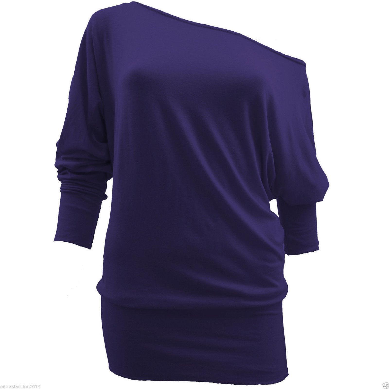 Womens Long Sleeve Off Shoulder Mini Batwing Top Ladies Tunic Dress Parties - Picture 17 of 19