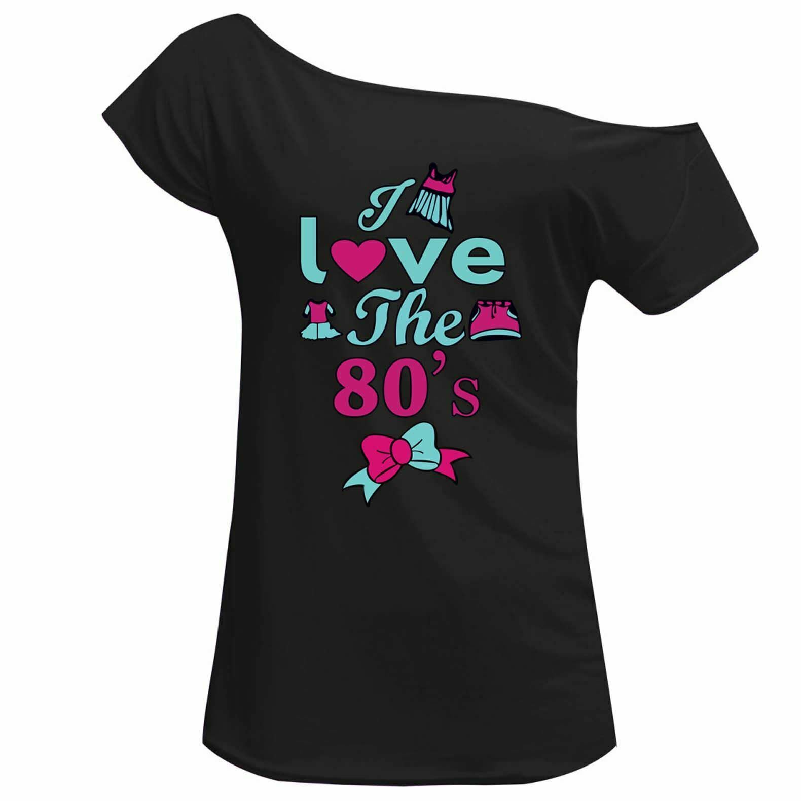 Womens 80s Party Girl Printed T Shirt Off Shoulder Retro Sexy 