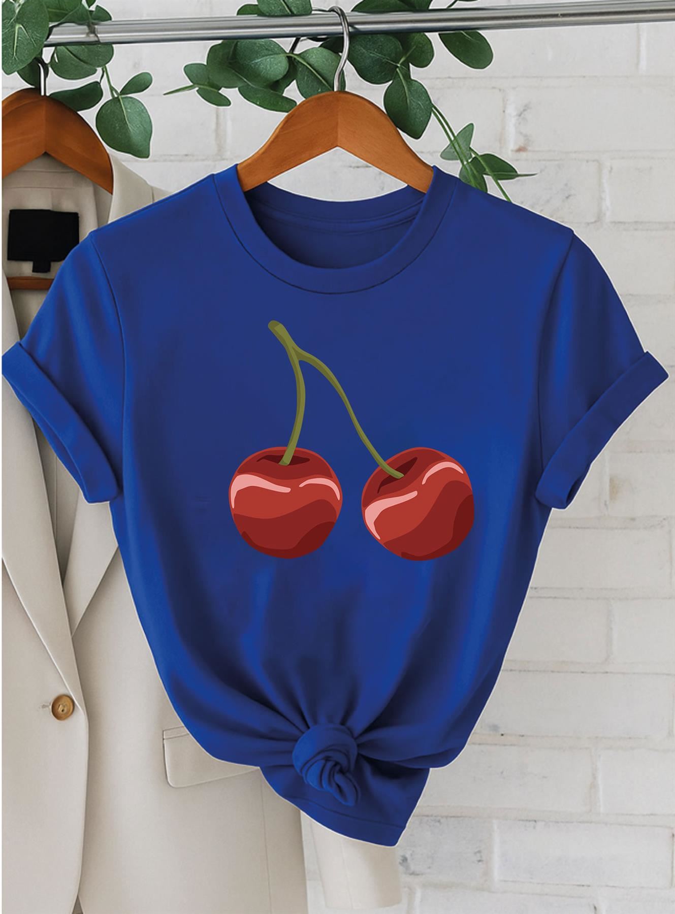 Women's Cherry Graphic T-Shirt Short Sleeve Girls Crew Neck Casual Trendy Top - Picture 11 of 16