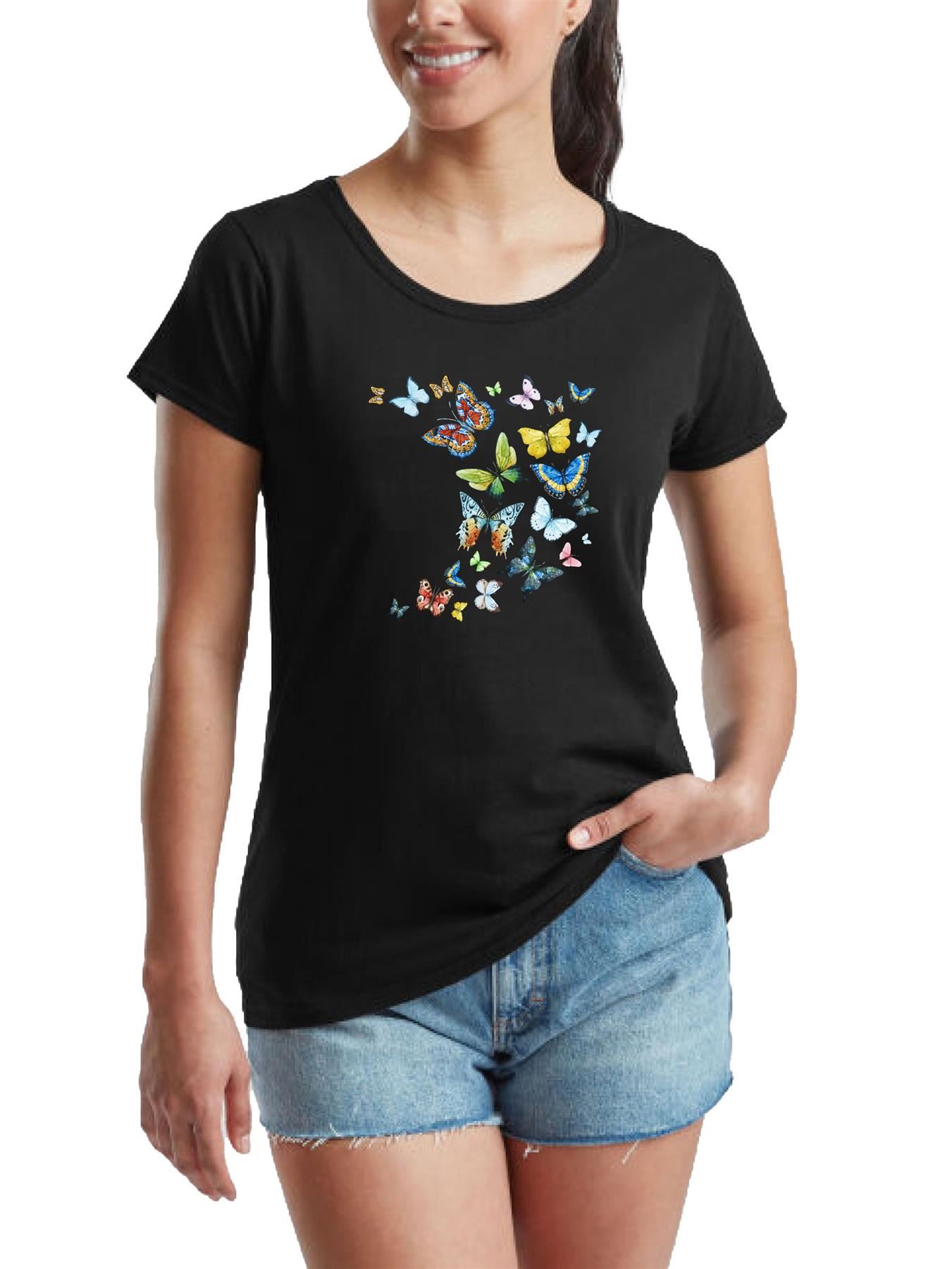 Women's Butterfly patterned Short Sleeve T-Shirt Fancy Butterfly design Top Tee - Picture 5 of 29