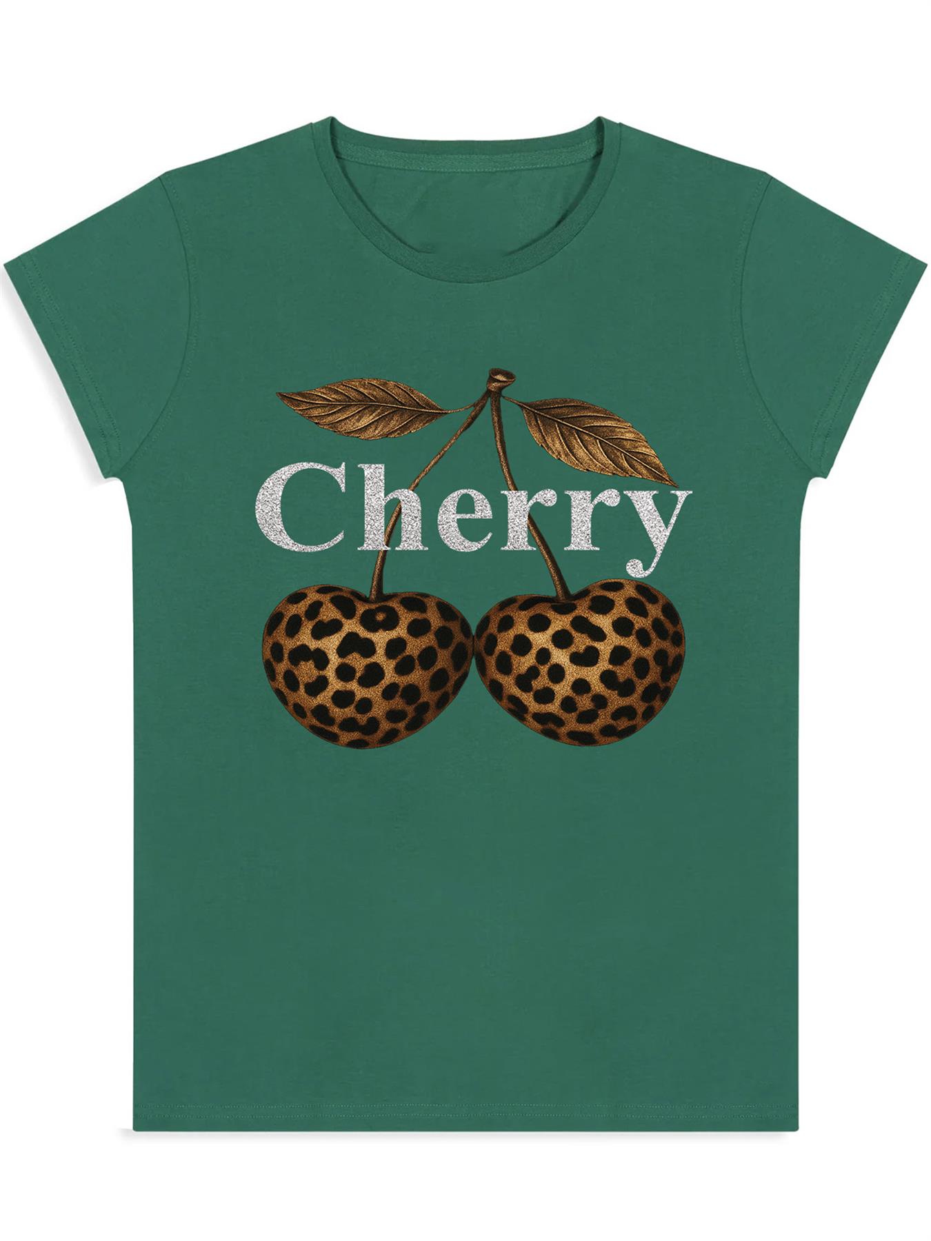 Women Cherry Graphic T-Shirt Leopard Print Short Sleeve Girls Top Tees - Bild 3 von 15