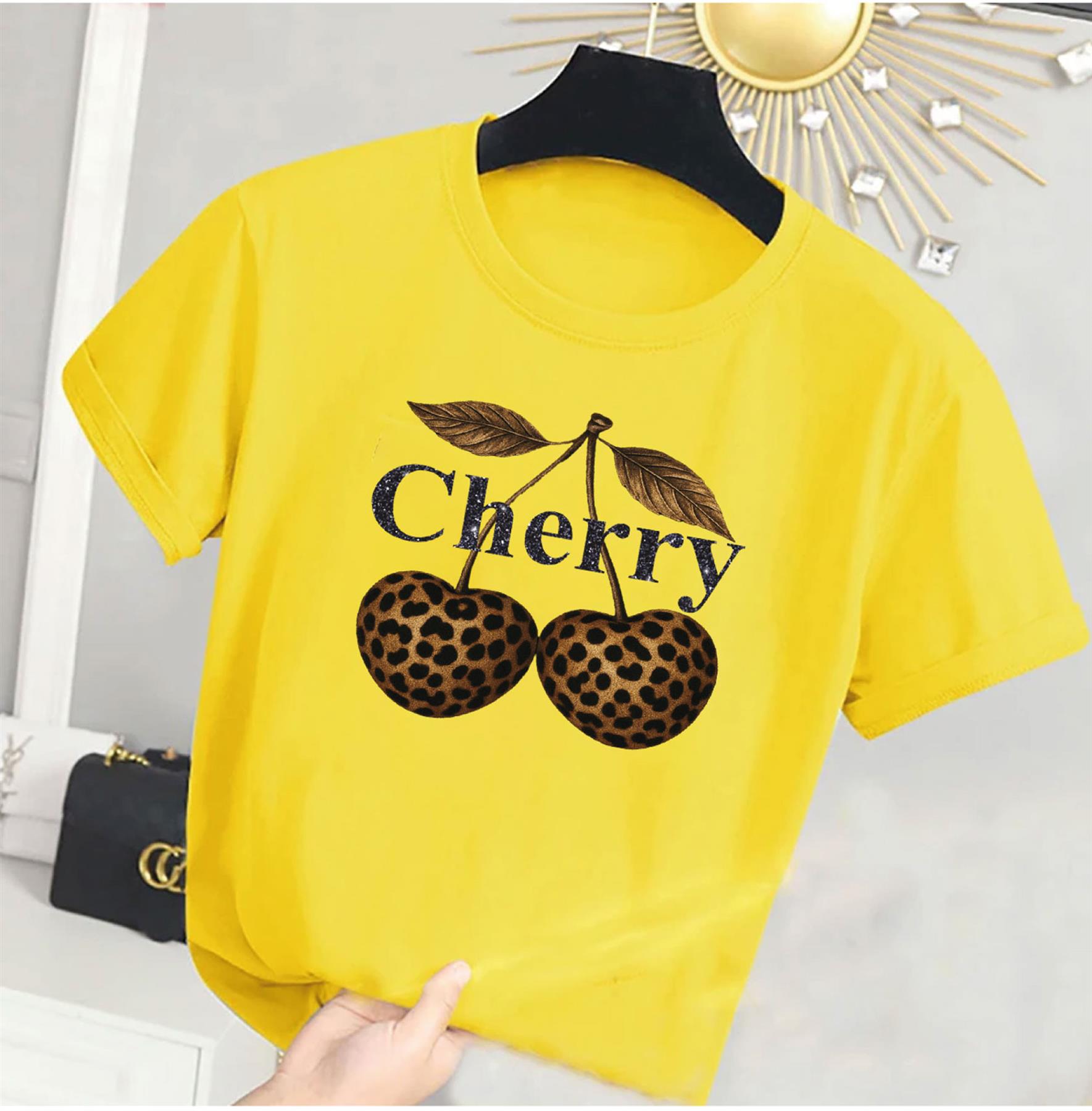 Women Cherry Graphic T-Shirt Leopard Print Short Sleeve Girls Top Tees - Bild 15 von 15