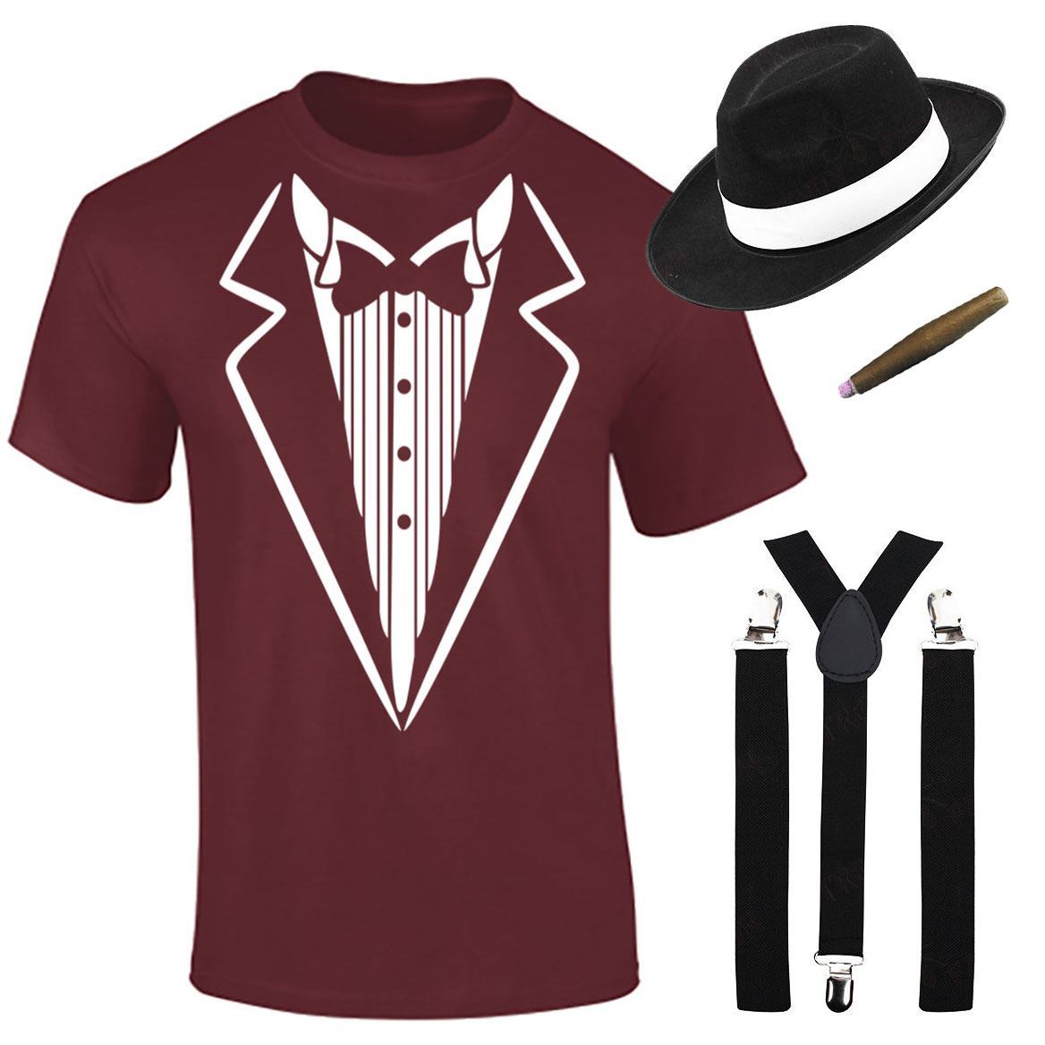 Herren Jungen Gangster bedruckt T-Shirt Hosenträger Hut Zigarre Set Mottoparty Kostüm - Bild 12 von 16