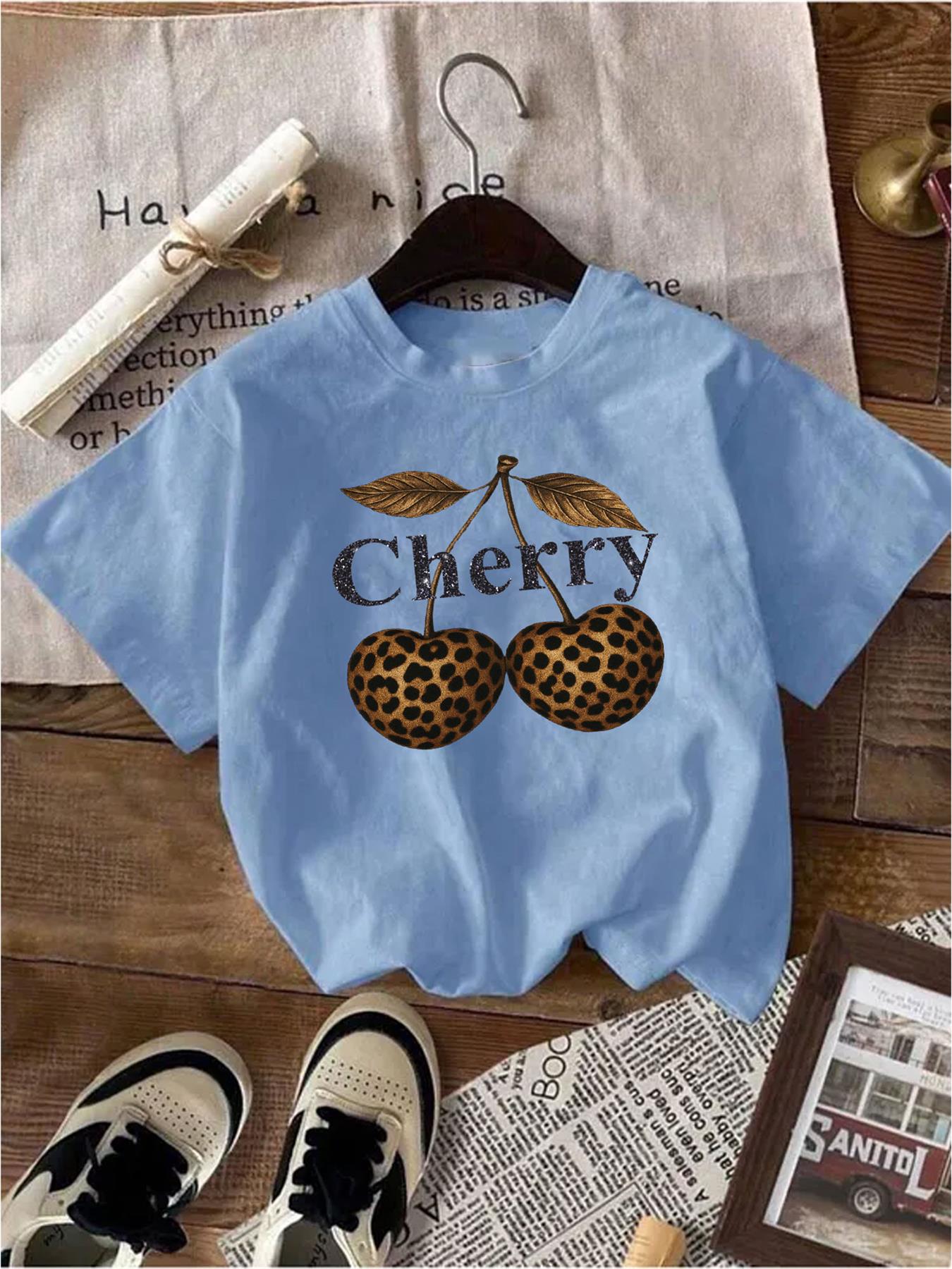 Women Cherry Graphic T-Shirt Leopard Print Short Sleeve Girls Top Tees - Bild 12 von 15