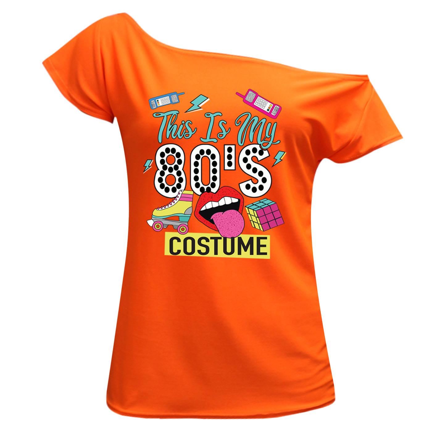 This Is My 80s Costume Print T Shirt Off Shoulder Ladies Novelty Top - Picture 3 of 12