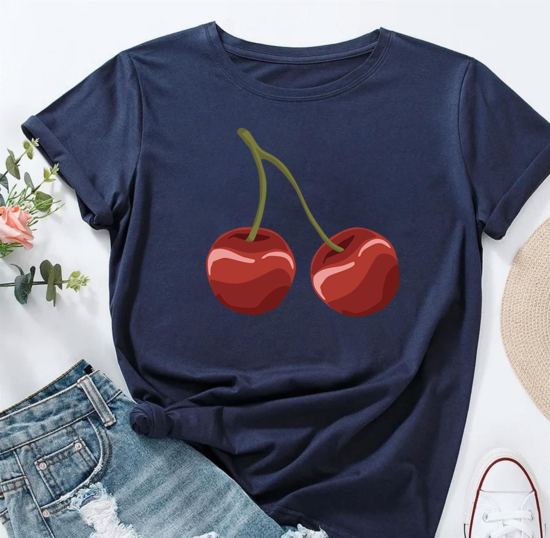 Women's Cherry Graphic T-Shirt Short Sleeve Girls Crew Neck Casual Trendy Top - Picture 7 of 16