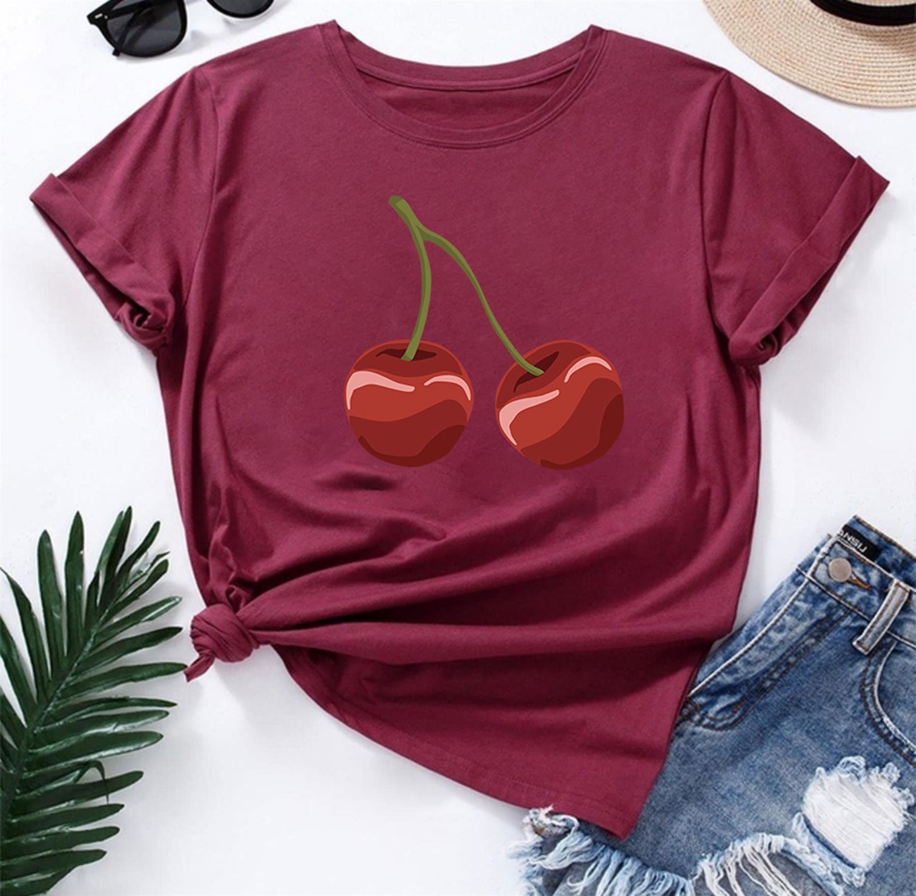Women's Cherry Graphic T-Shirt Short Sleeve Girls Crew Neck Casual Trendy Top - Picture 15 of 16