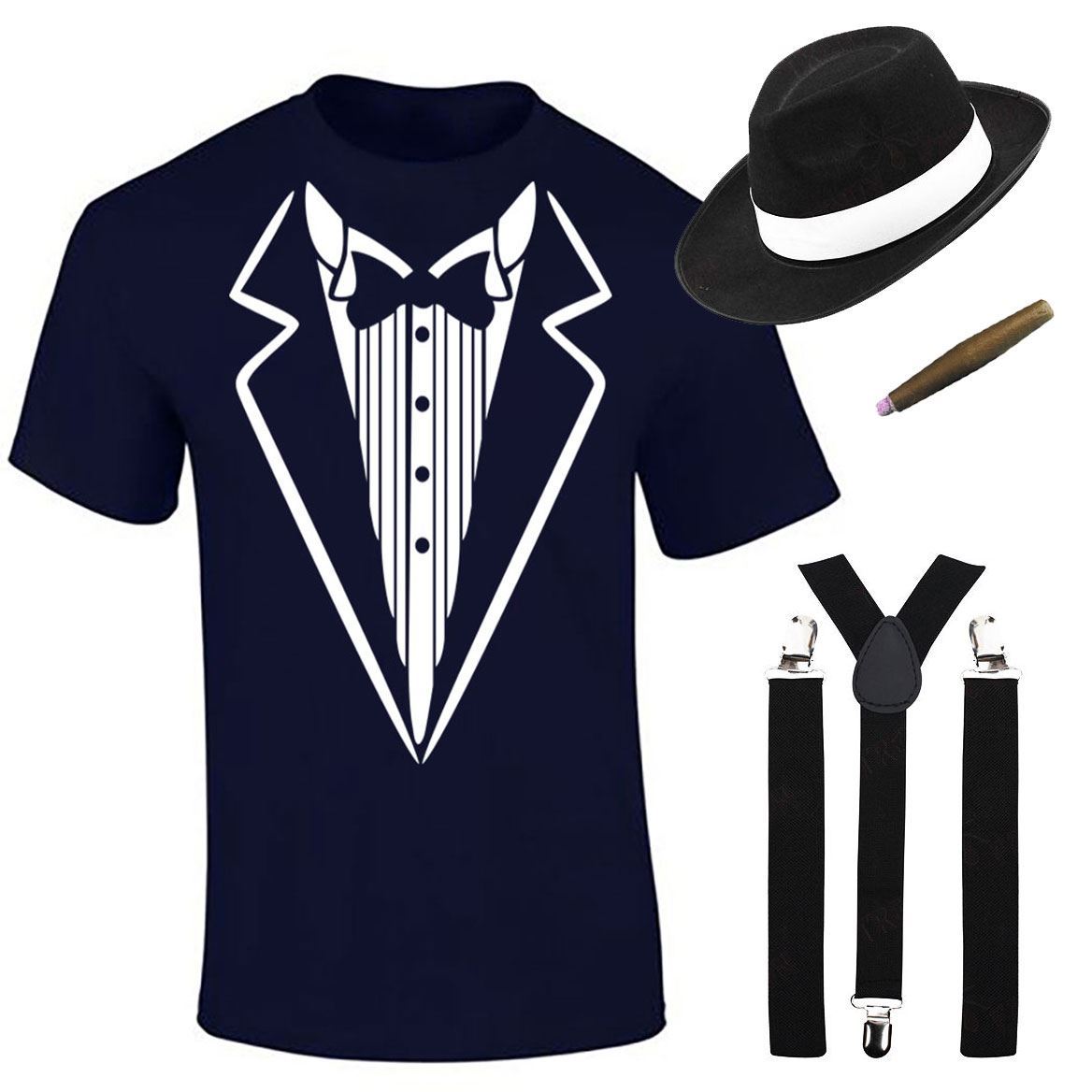 Herren Jungen Gangster bedruckt T-Shirt Hosenträger Hut Zigarre Set Mottoparty Kostüm - Bild 4 von 16