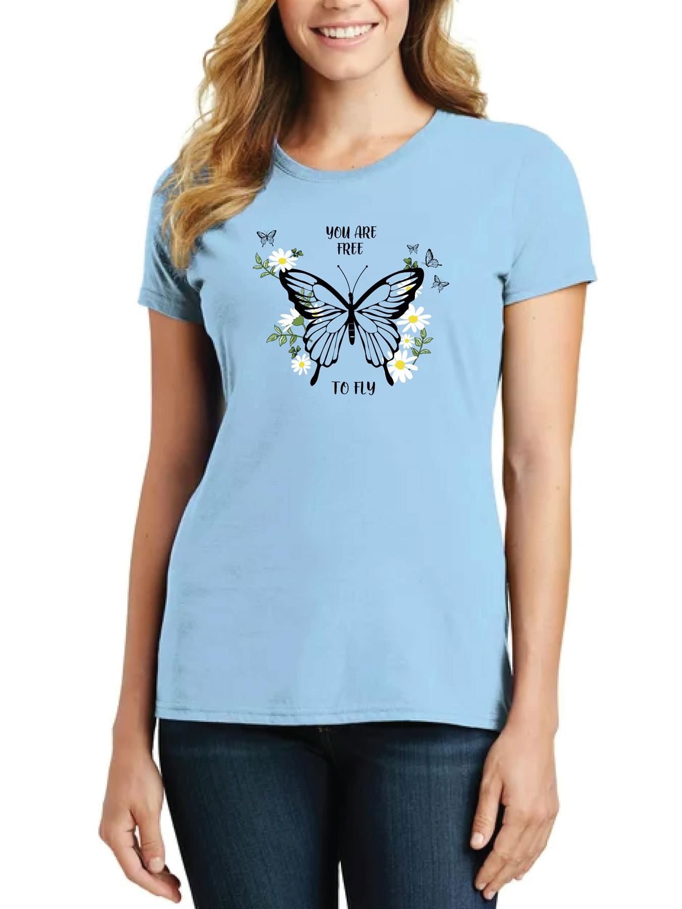 Women's Butterfly patterned Short Sleeve T-Shirt Fancy Butterfly design Top Tee - Picture 19 of 29
