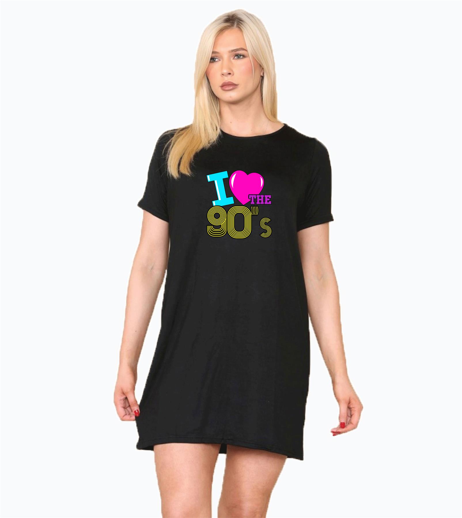 Ladies I Love The 90s Slant Shoulder Short Sleeve Oversized Party Dress Outfit - Picture 5 of 15