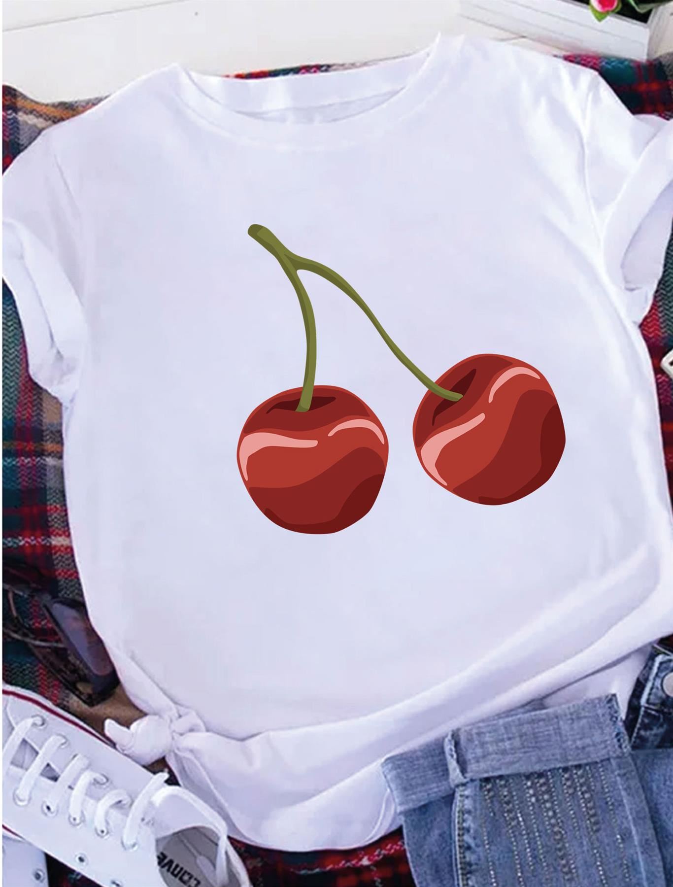 Women's Cherry Graphic T-Shirt Short Sleeve Girls Crew Neck Casual Trendy Top - Picture 14 of 16