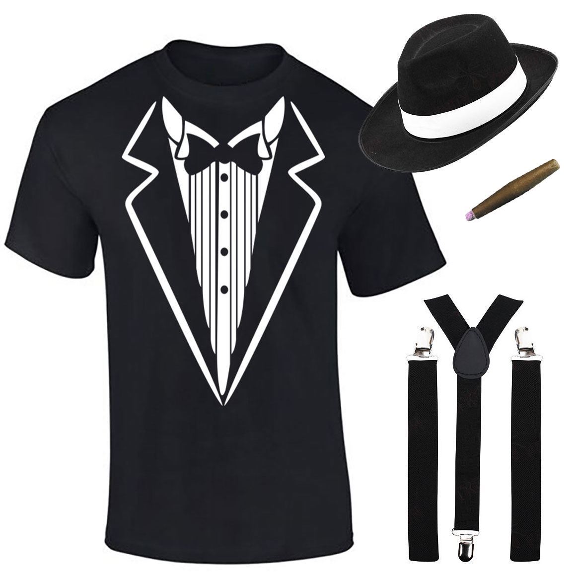 Herren Jungen Gangster bedruckt T-Shirt Hosenträger Hut Zigarre Set Mottoparty Kostüm - Bild 2 von 16