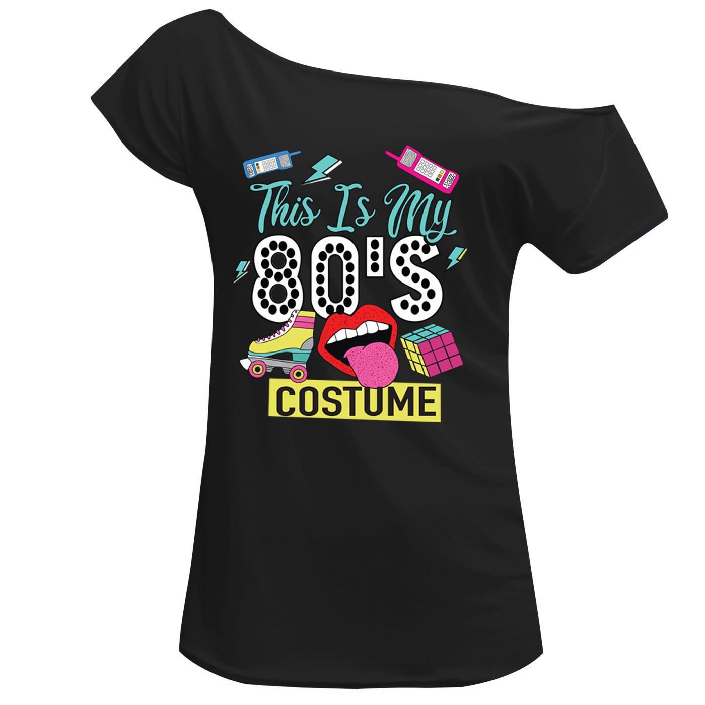 This Is My 80s Costume Print T Shirt Off Shoulder Ladies Novelty Top - Picture 2 of 12