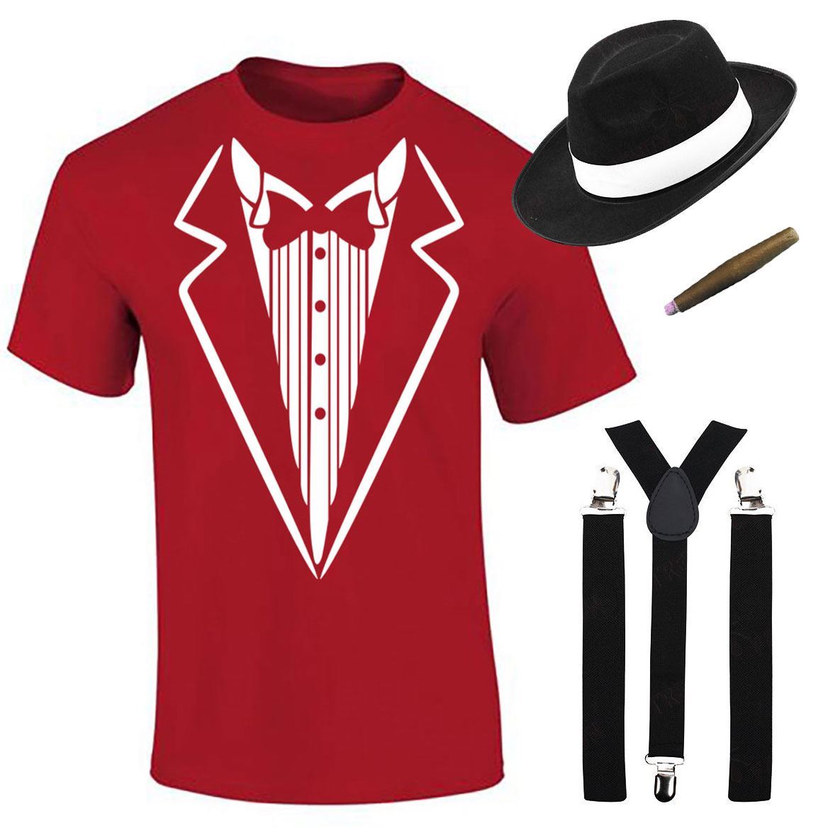 Herren Jungen Gangster bedruckt T-Shirt Hosenträger Hut Zigarre Set Mottoparty Kostüm - Bild 8 von 16