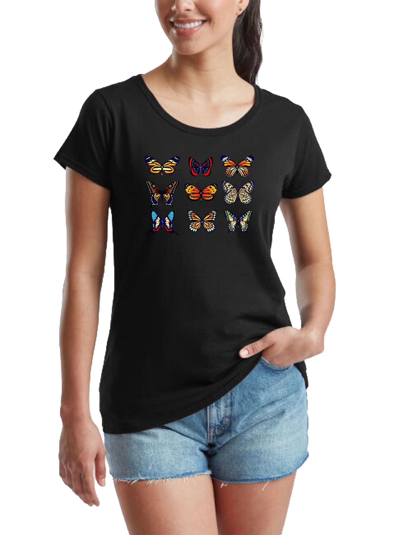 Women's Short Sleeve Butterfly T-Shirt Round Neck Fancy Pop Star Party Flair - Picture 3 of 11