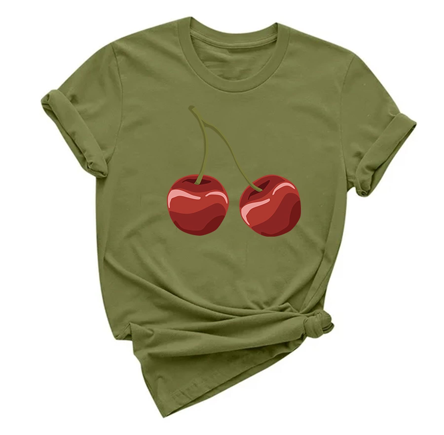Women's Cherry Graphic T-Shirt Short Sleeve Girls Crew Neck Casual Trendy Top - Picture 8 of 16