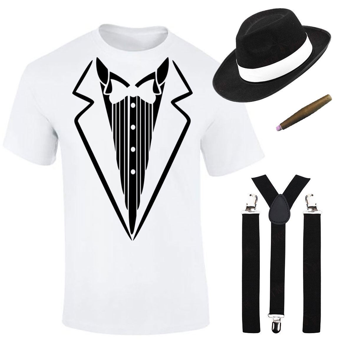 Herren Jungen Gangster bedruckt T-Shirt Hosenträger Hut Zigarre Set Mottoparty Kostüm - Bild 5 von 16