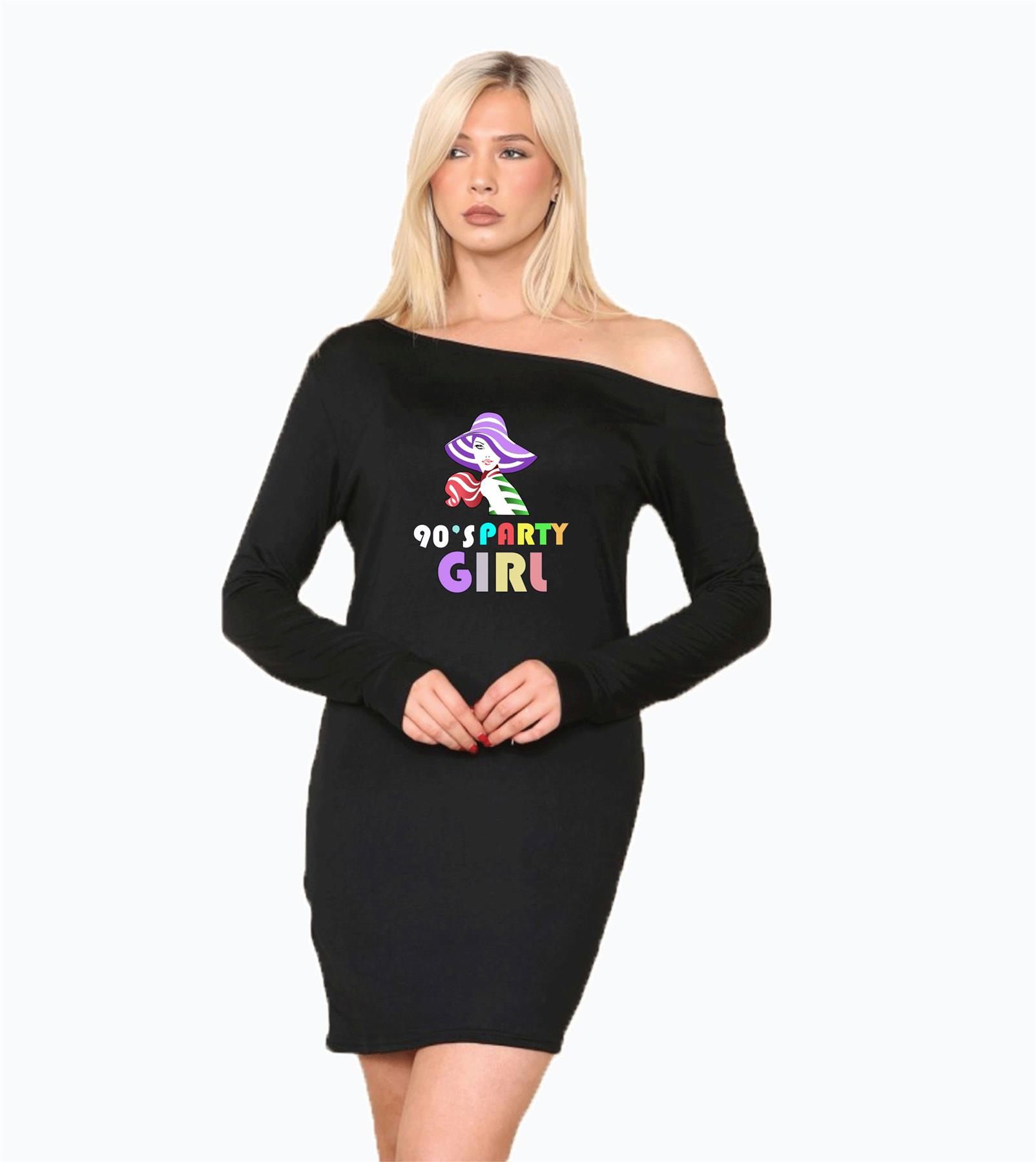Ladies I Love The 90s Slant Shoulder Short Sleeve Oversized Party Dress Outfit - Picture 11 of 15