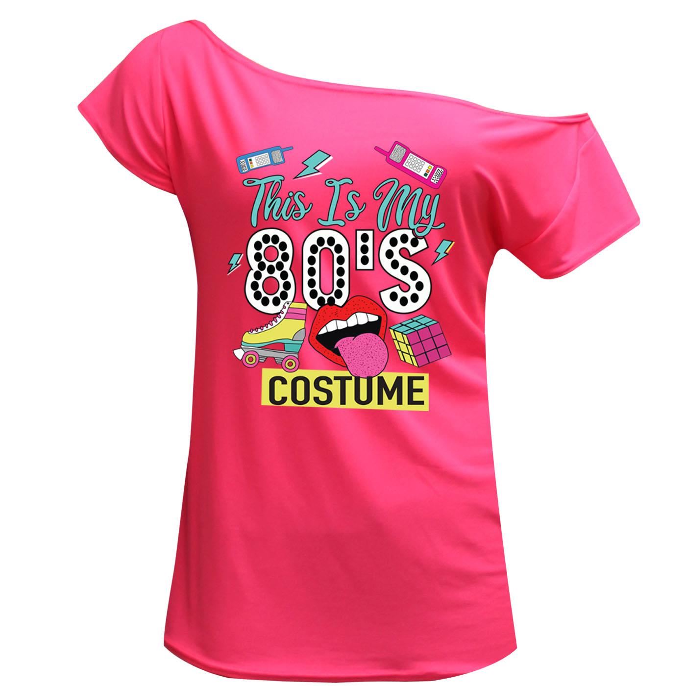 This Is My 80s Costume Print T Shirt Off Shoulder Ladies Novelty Top - Picture 4 of 12