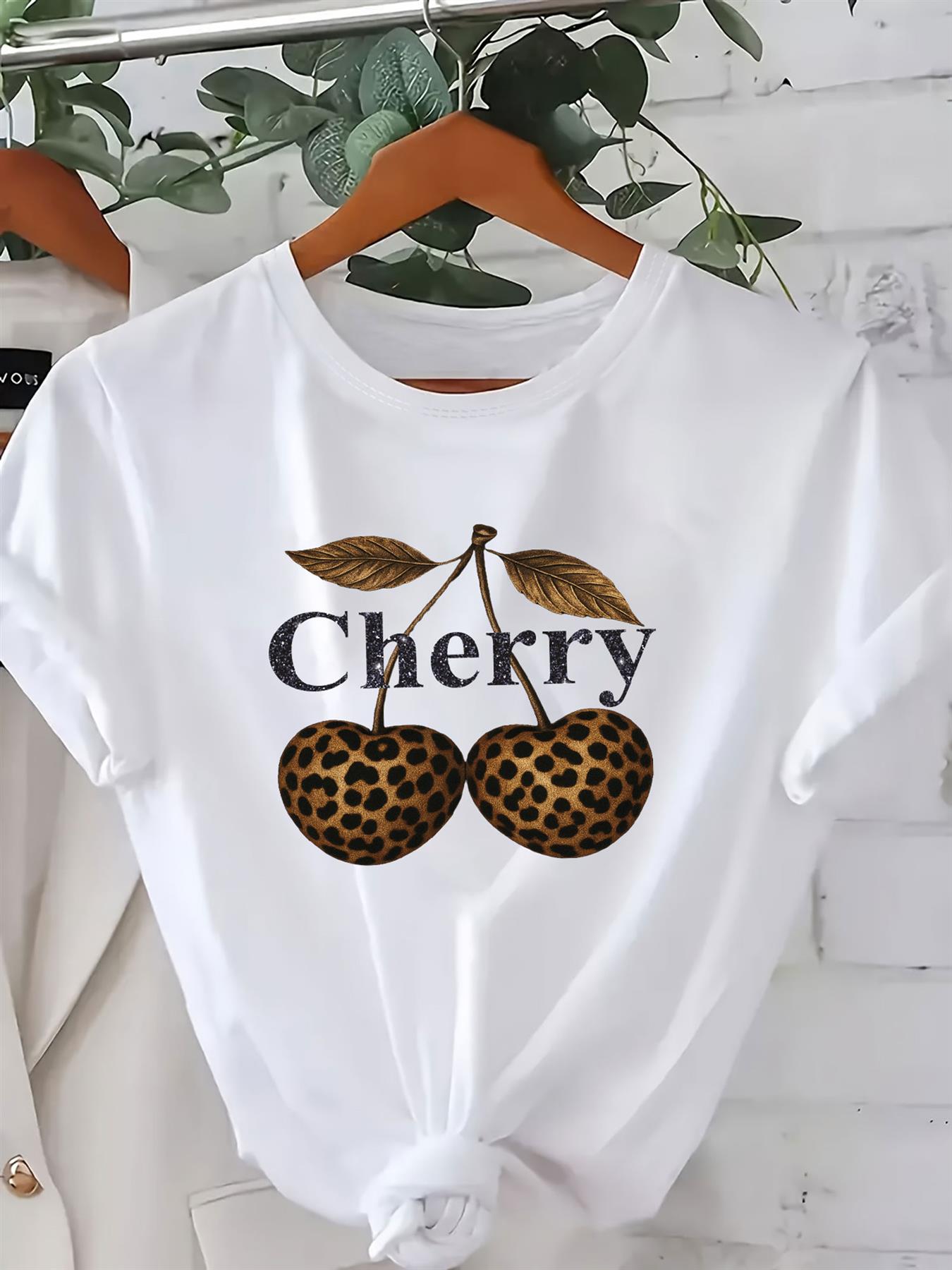 Women Cherry Graphic T-Shirt Leopard Print Short Sleeve Girls Top Tees - Bild 13 von 15
