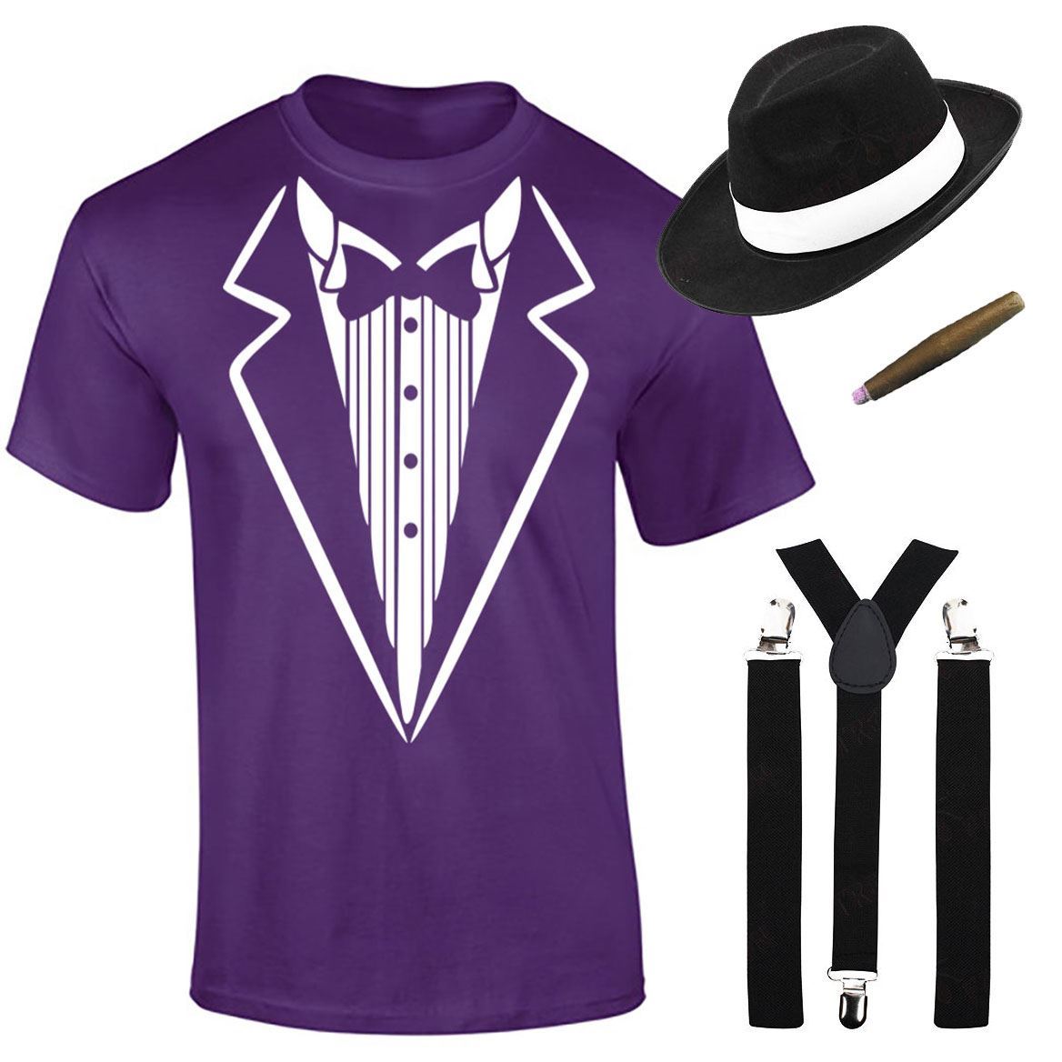 Herren Jungen Gangster bedruckt T-Shirt Hosenträger Hut Zigarre Set Mottoparty Kostüm - Bild 15 von 16