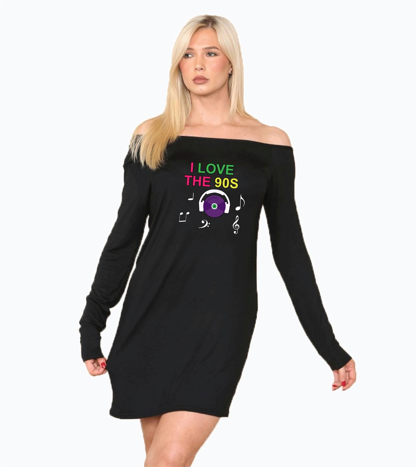 Ladies I Love The 90s Slant Shoulder Short Sleeve Oversized Party Dress Outfit - Picture 7 of 15