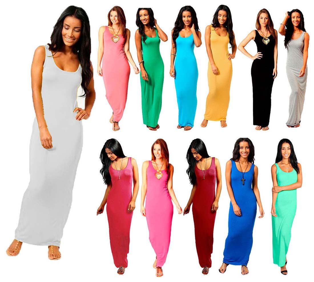 Womens Racer Back Basic Maxi Dress Ladies Plain Colour Racer Back Muscle Dress