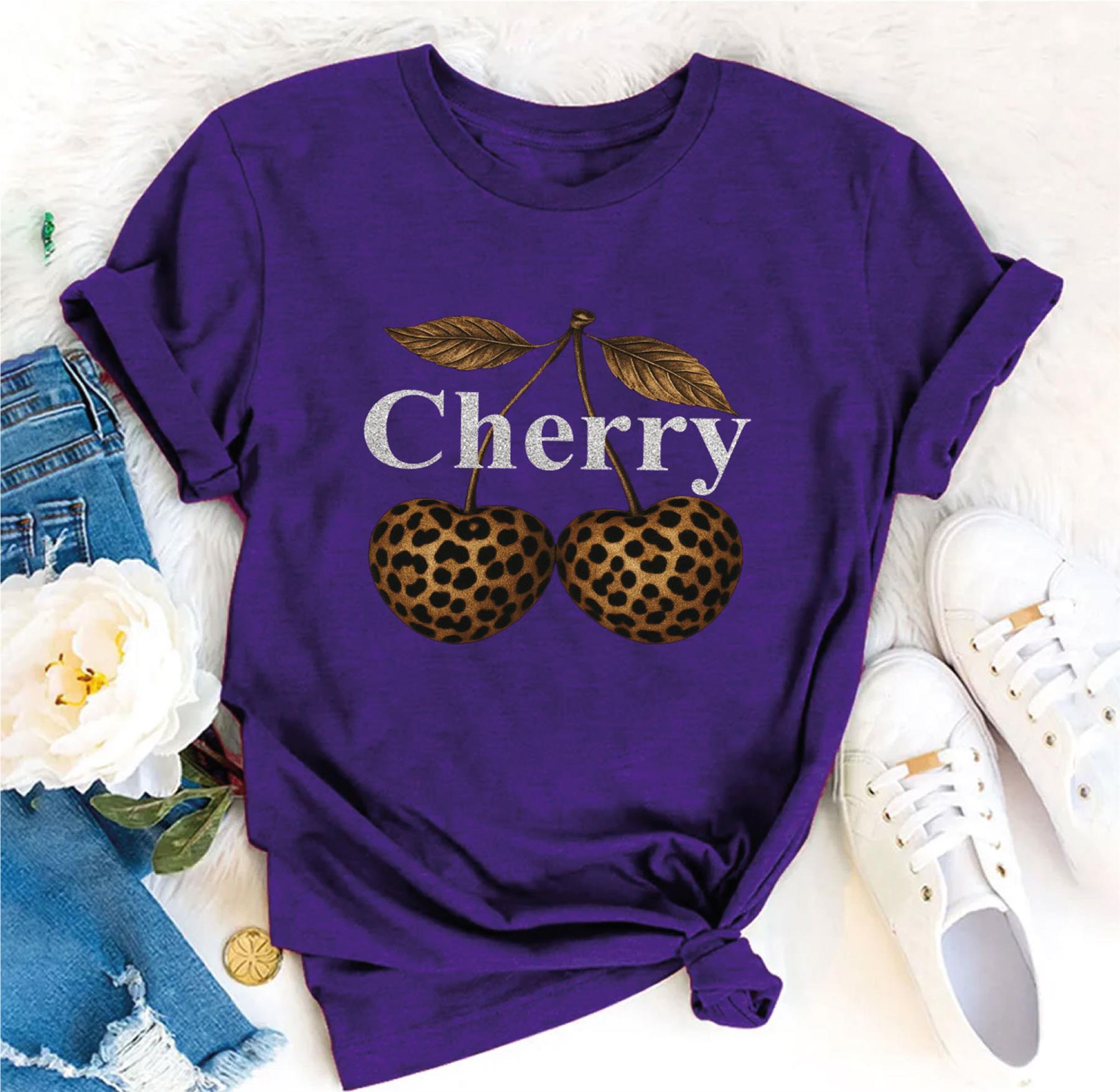 Women Cherry Graphic T-Shirt Leopard Print Short Sleeve Girls Top Tees - Bild 9 von 15
