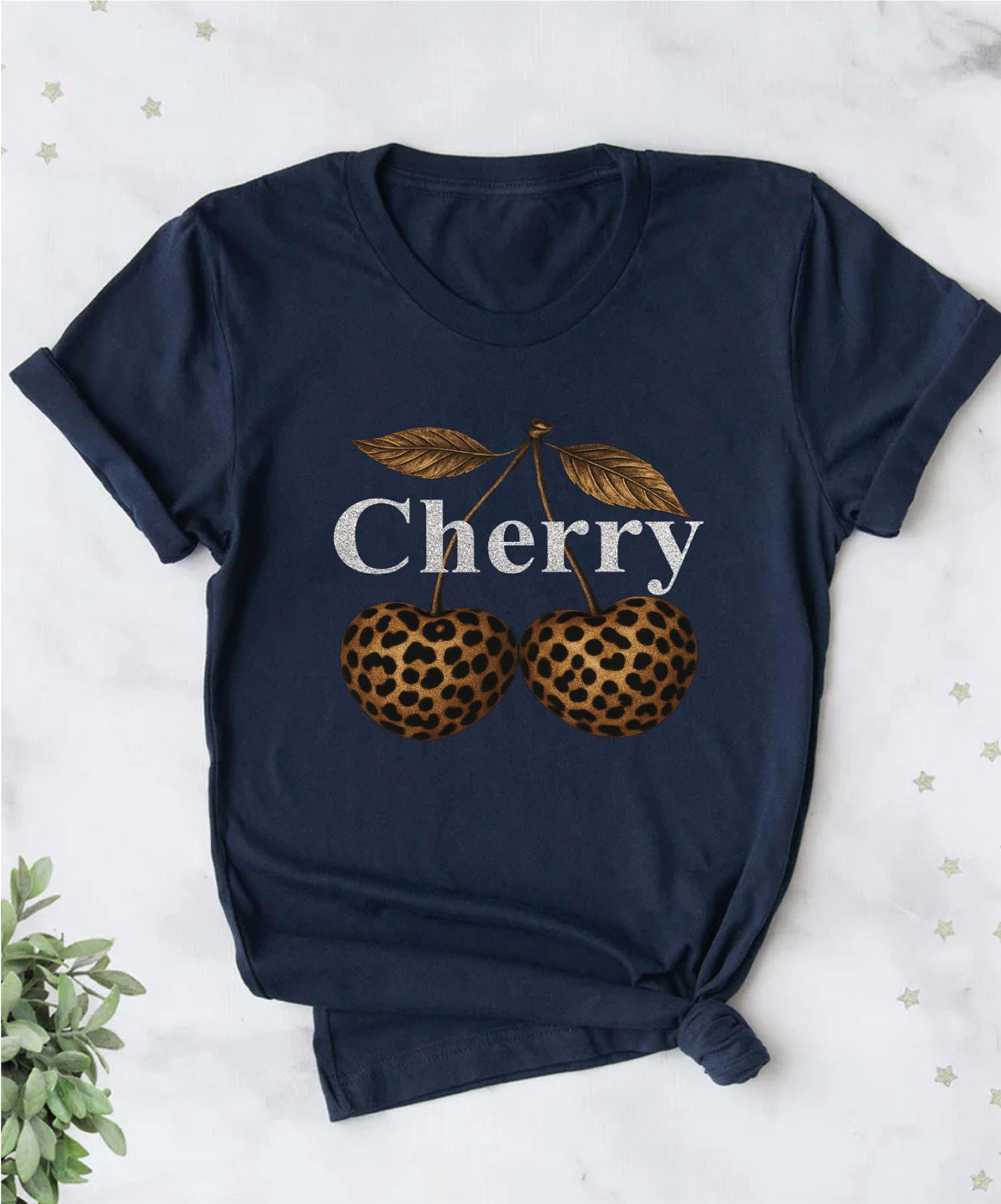 Women Cherry Graphic T-Shirt Leopard Print Short Sleeve Girls Top Tees - Bild 6 von 15