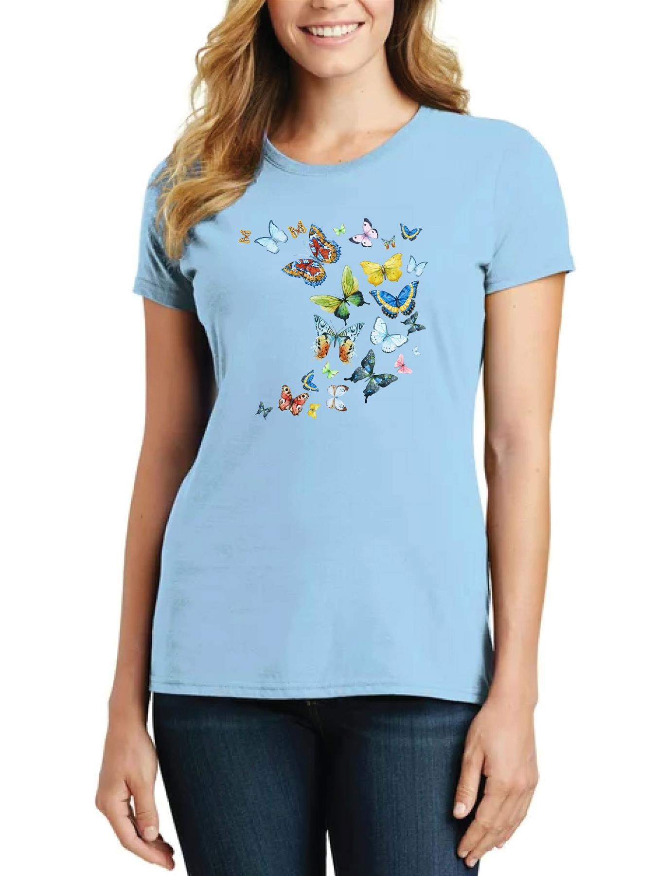 Women's Butterfly patterned Short Sleeve T-Shirt Fancy Butterfly design Top Tee - Picture 20 of 29