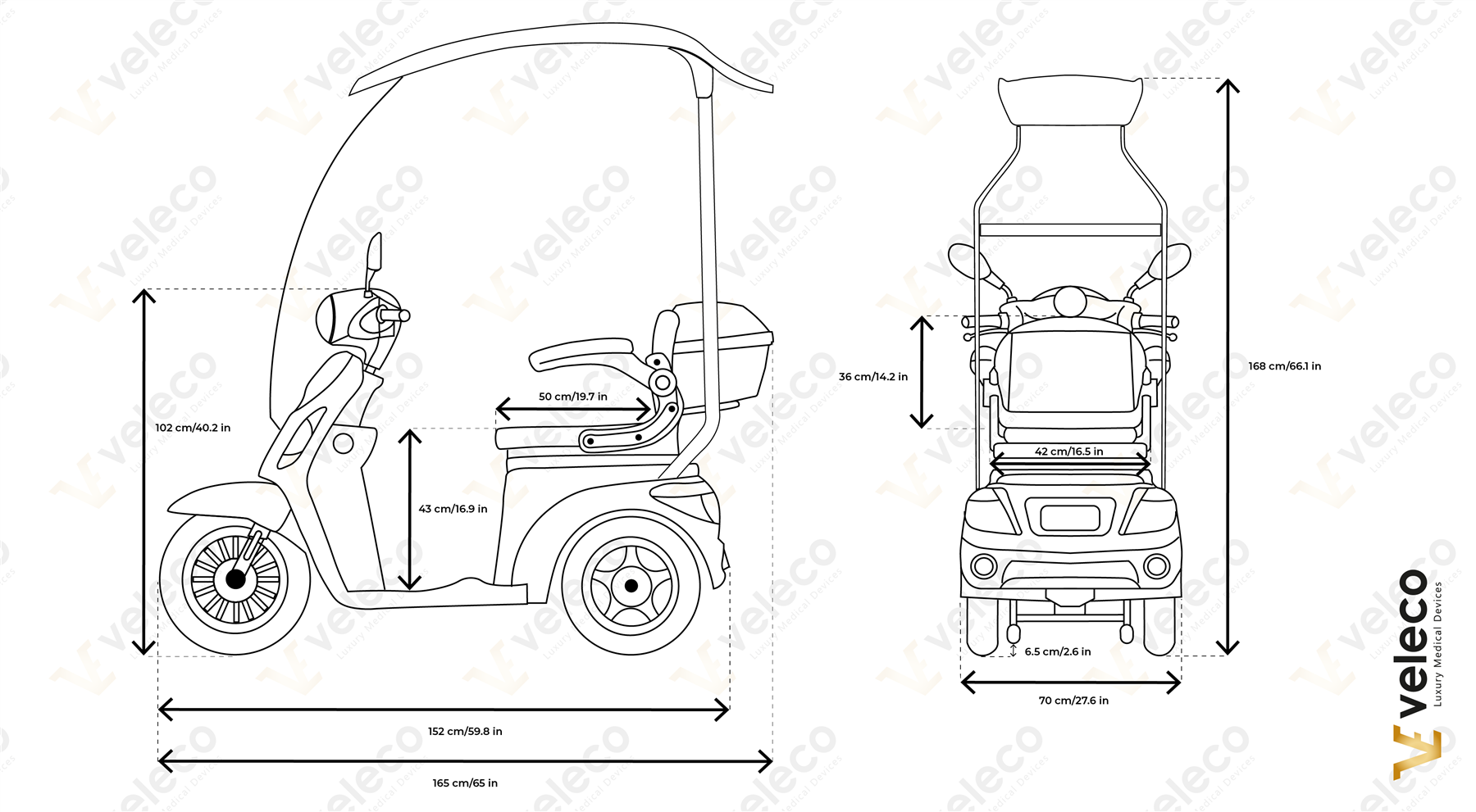 VELECO DRACO Mobile per anziani a 3 ruote con tetto, scooter elettrico, veicolo per anziani - Foto 20 di 56