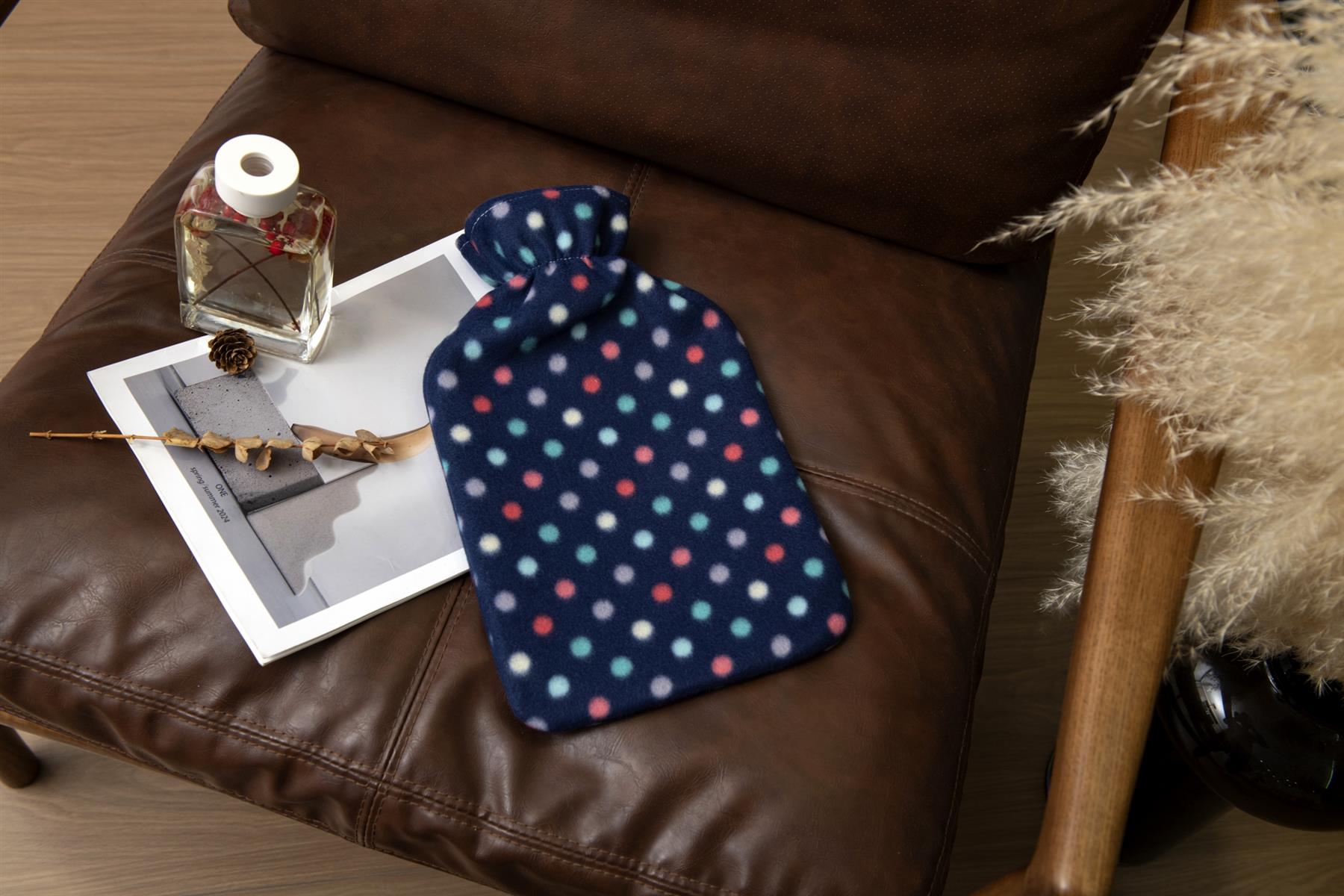 Hot Water Bottle With Cover Polka Dot Fleece 2L Designs Warm Natural Rubber - Picture 6 of 27