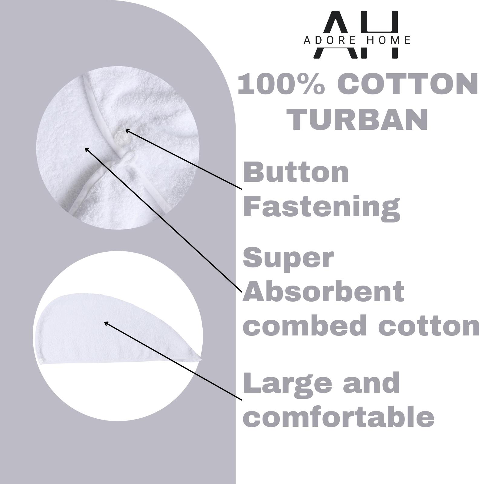 100% Cotton Hair Turban Absorbent Towel Drying Soft Wrap With Loop & Button - Picture 29 of 33