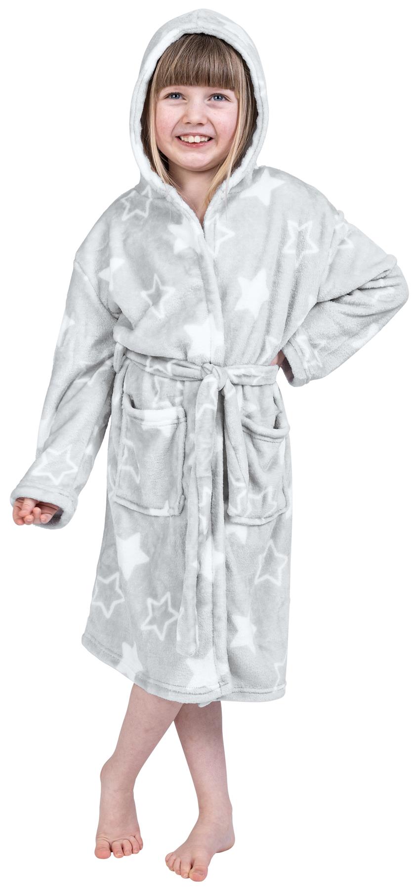 Kids Soft Fleece Bathrobe Hooded Warm Dressing Gown Flannel Bath Robe Boys Girls