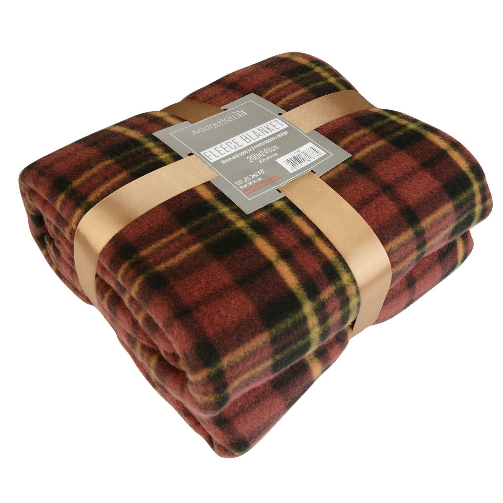 Brown & Wine Check Fleece Blanket Soft Warm Single Double King Tartan