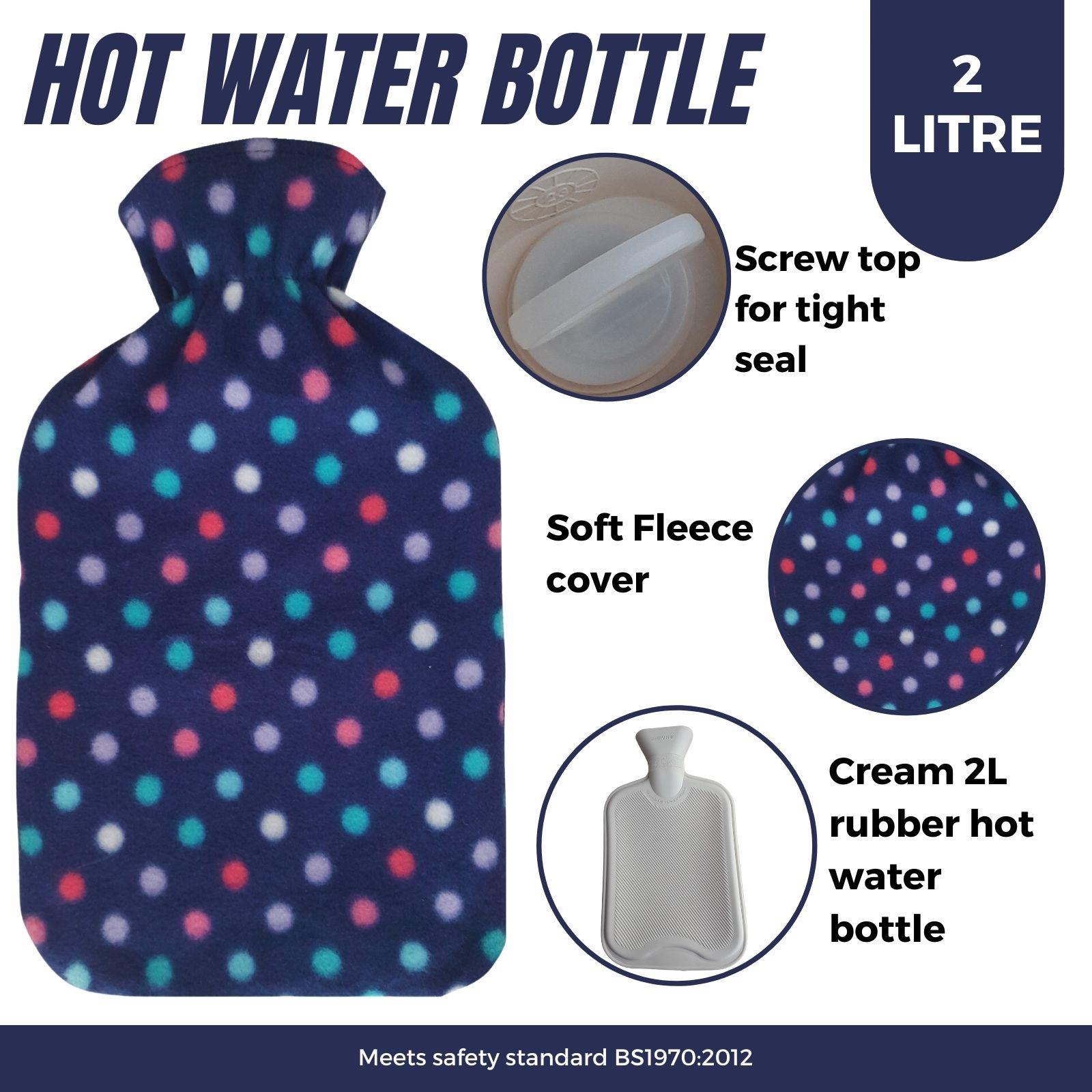 Hot Water Bottle With Cover Polka Dot Fleece 2L Designs Warm Natural Rubber - Picture 8 of 27