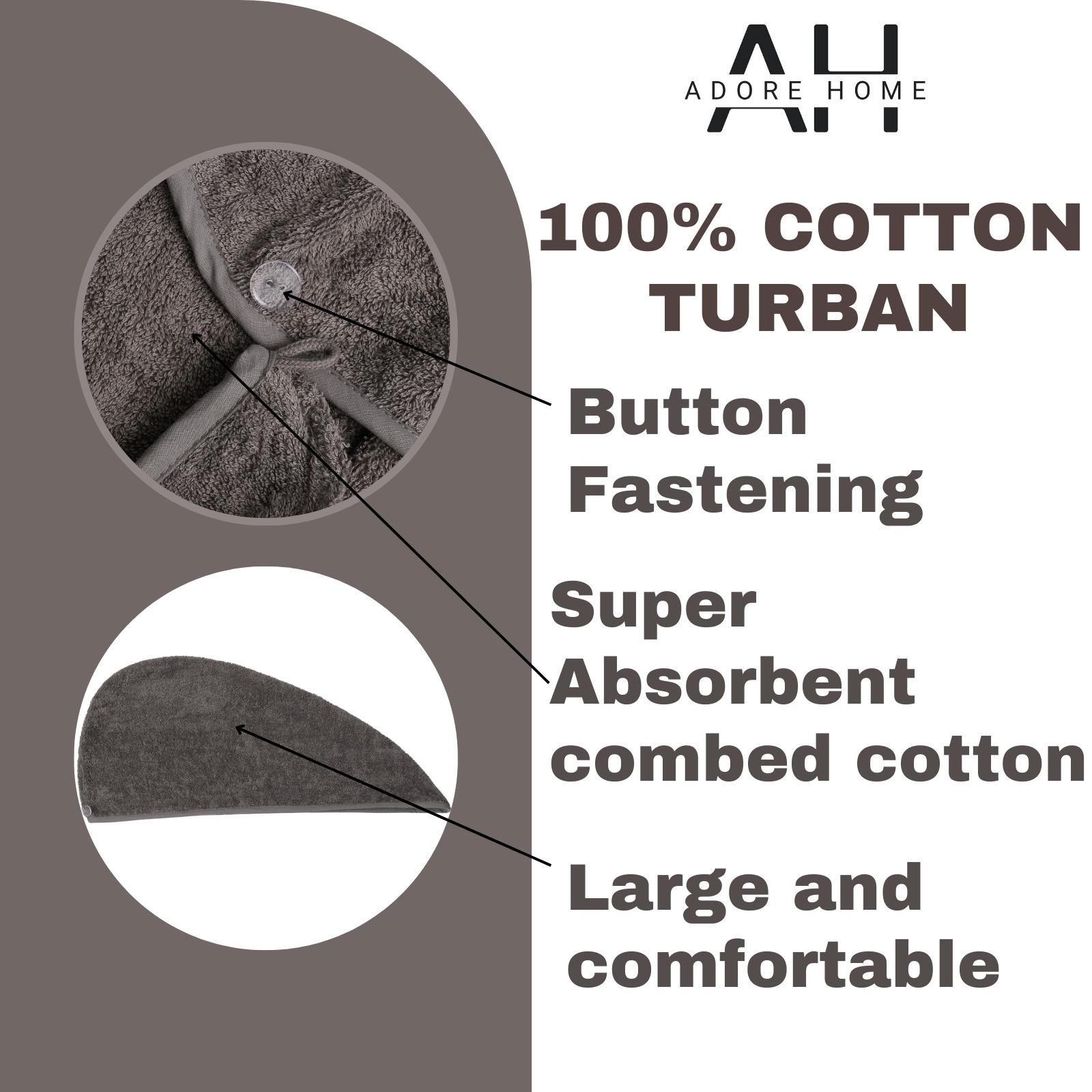 100% Cotton Hair Turban Absorbent Towel Drying Soft Wrap With Loop & Button - Picture 23 of 33