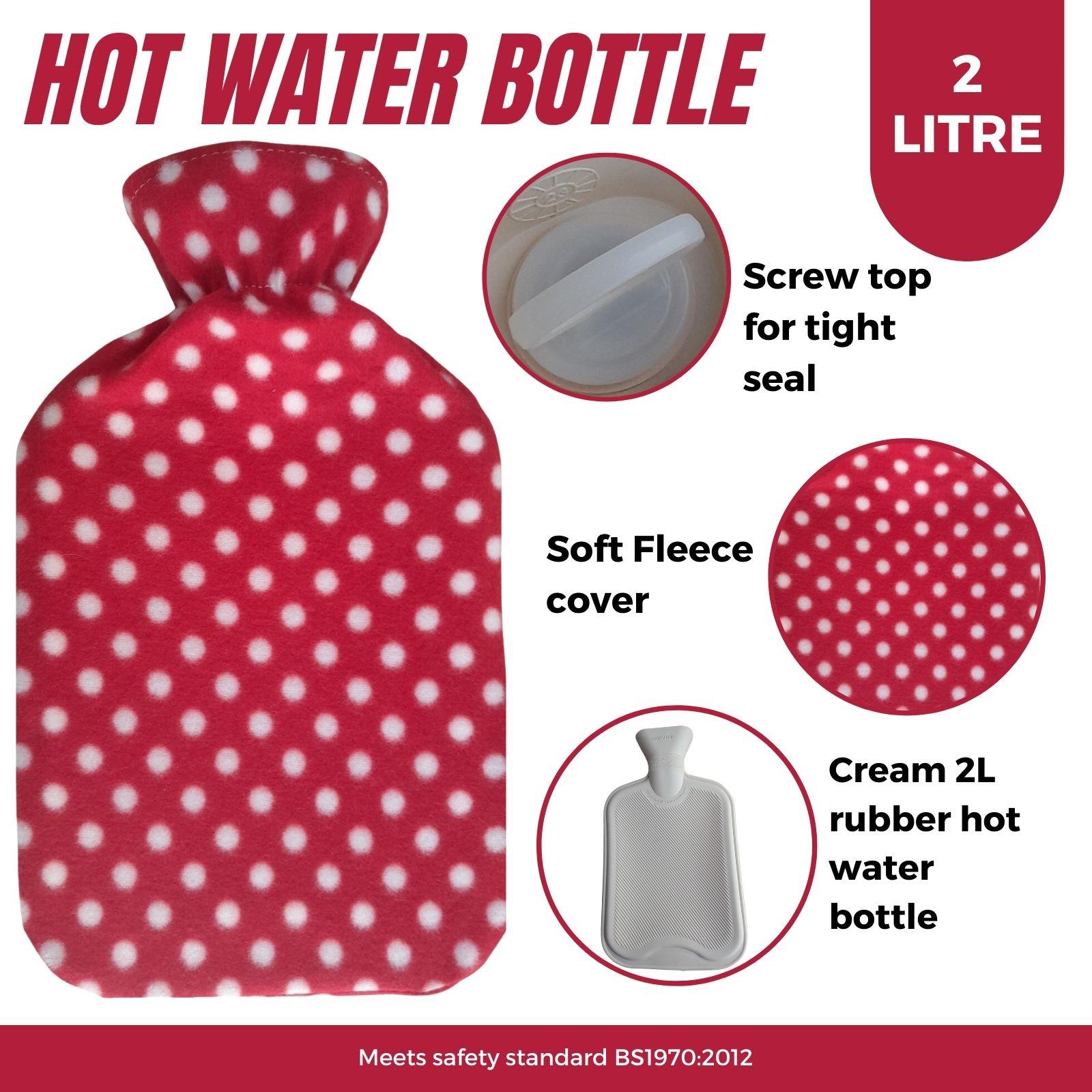 Hot Water Bottle With Cover Polka Dot Fleece 2L Designs Warm Natural Rubber - Picture 23 of 27