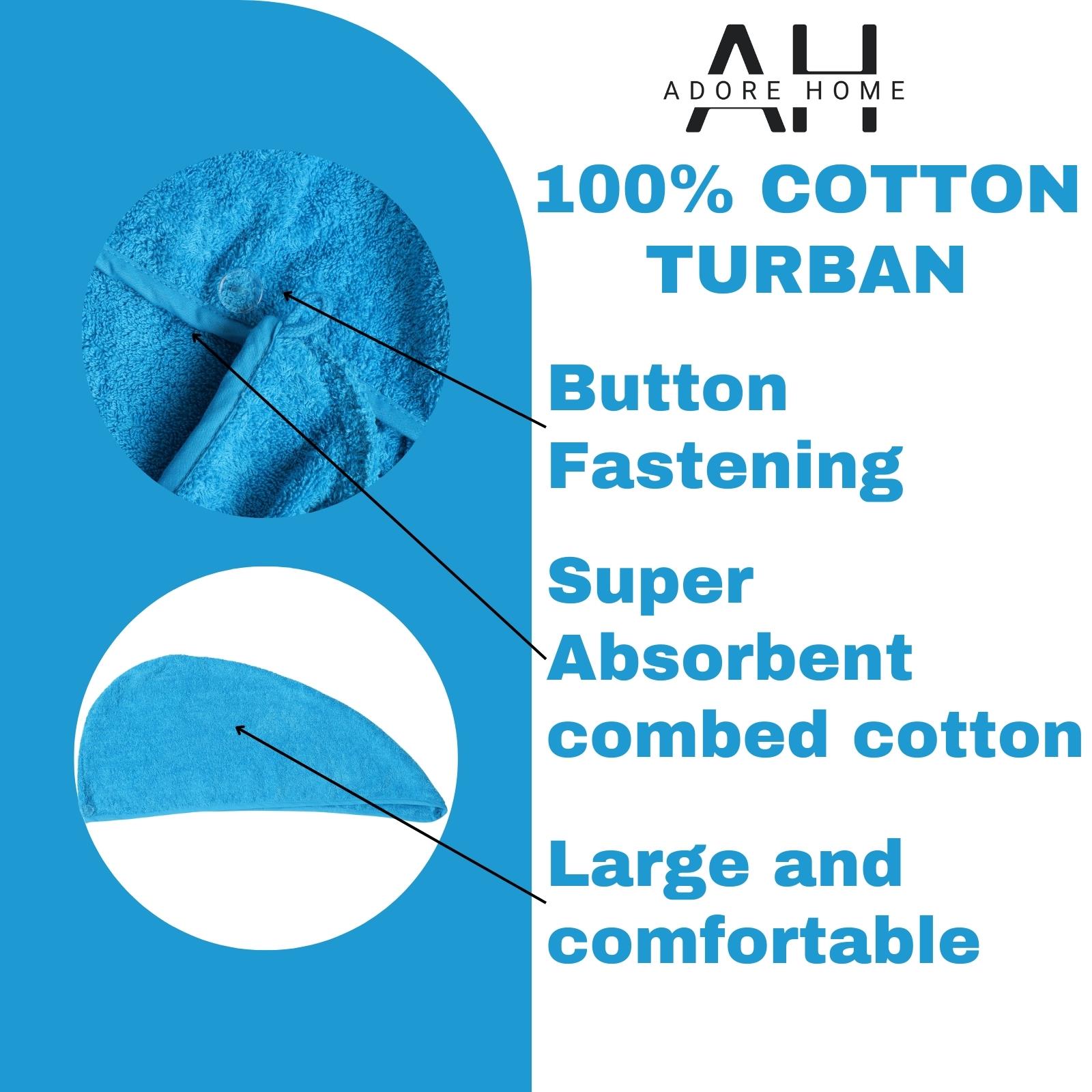 100% Cotton Hair Turban Absorbent Towel Drying Soft Wrap With Loop & Button - Picture 5 of 33