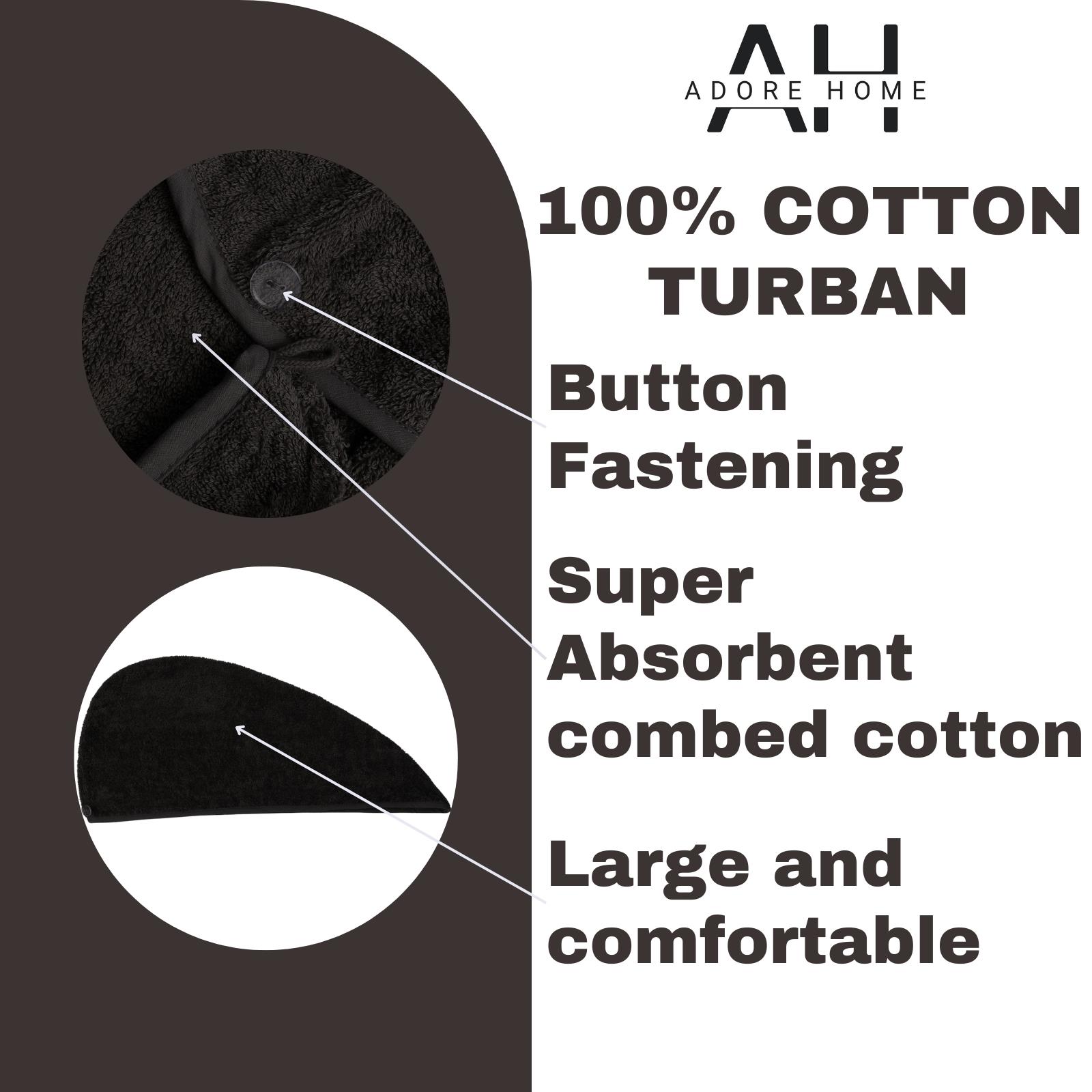 100% Cotton Hair Turban Absorbent Towel Drying Soft Wrap With Loop & Button - Picture 11 of 33