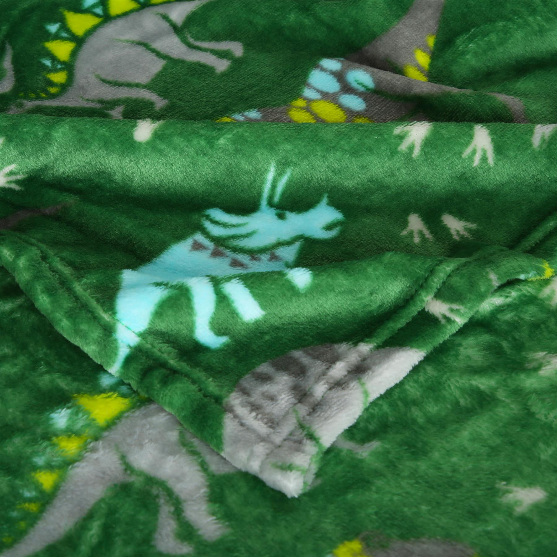 Flannel Fleece Dinosaur Blanket Green & Blue Kids Super Soft Fleece 100x150cm - Picture 8 of 11
