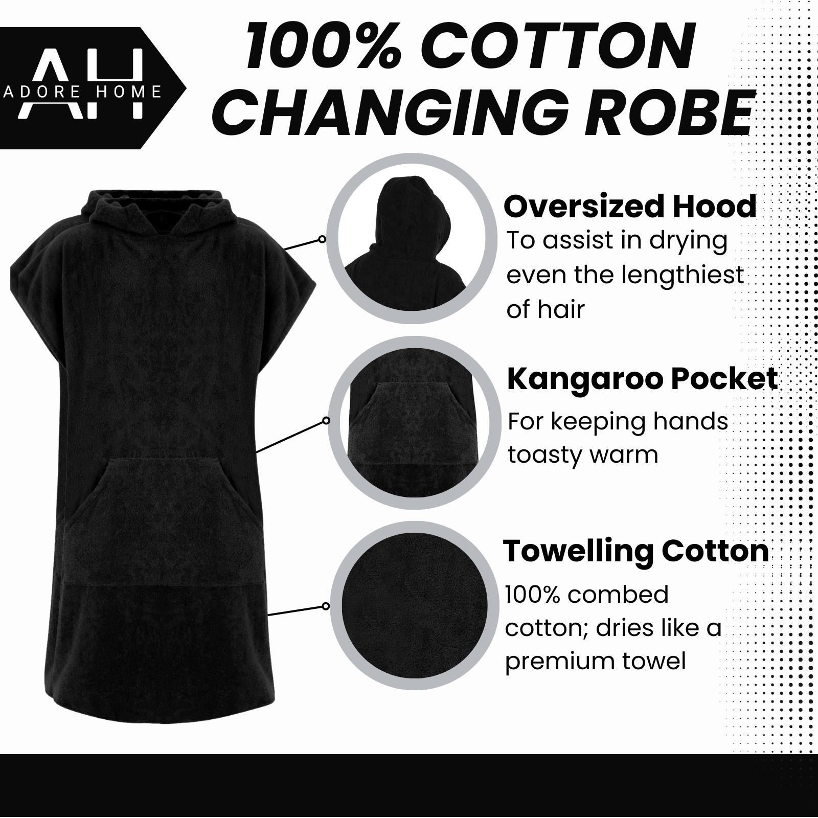 Adults Hooded 100% Cotton Changing Robe Towelling Poncho For Swimming Surf Beach - Picture 11 of 38