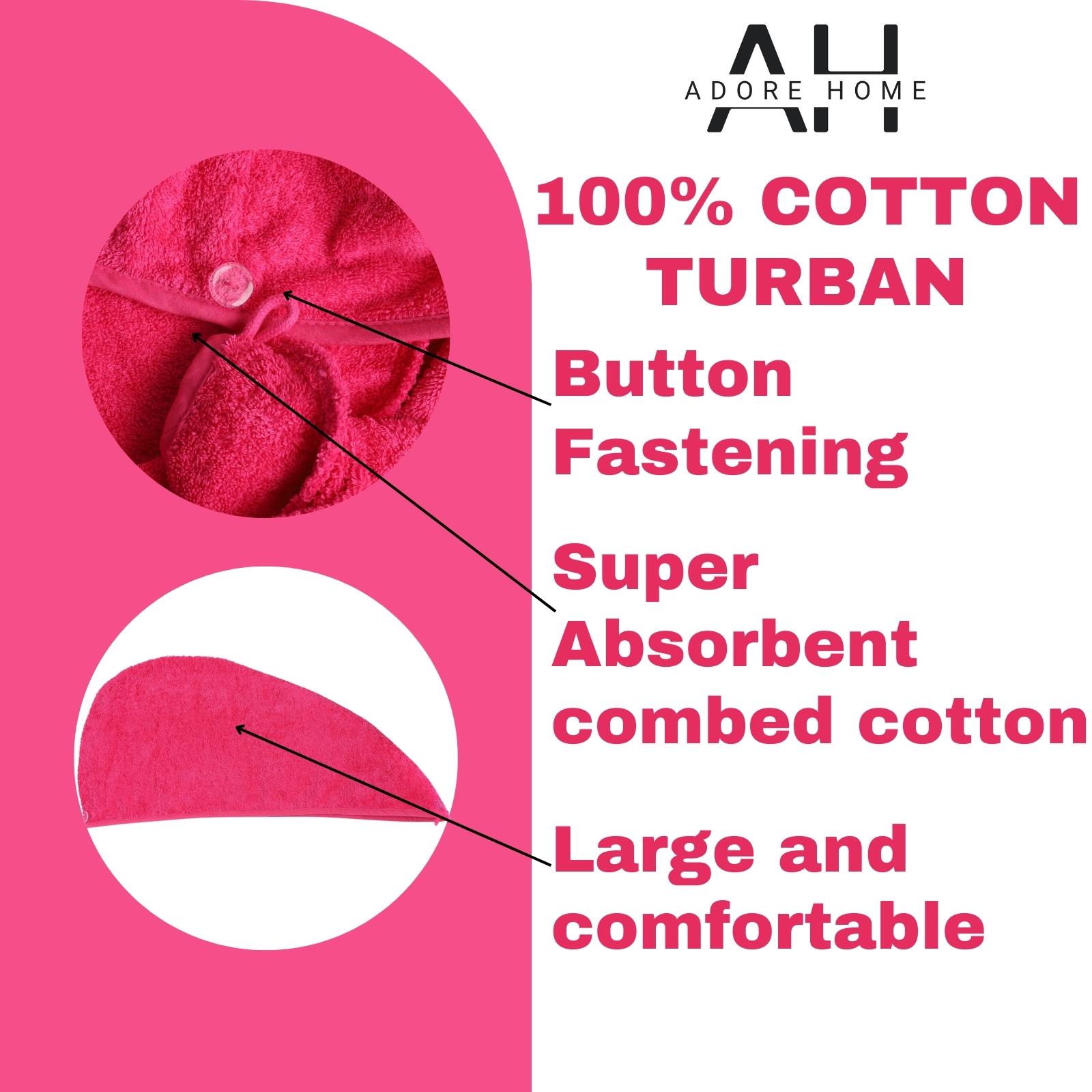 100% Cotton Hair Turban Absorbent Towel Drying Soft Wrap With Loop & Button - Picture 17 of 33