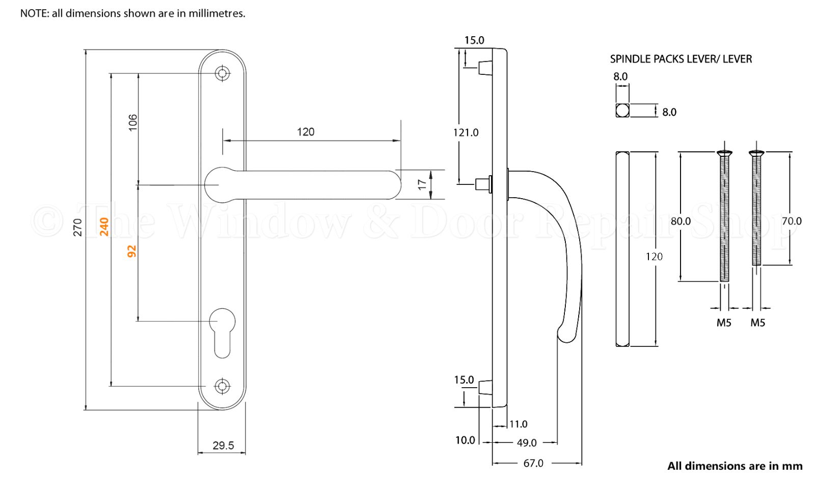 UPVC Door Handle Set 92mm 92pz Lever Pair 240mm Fixings 270mm Backplate