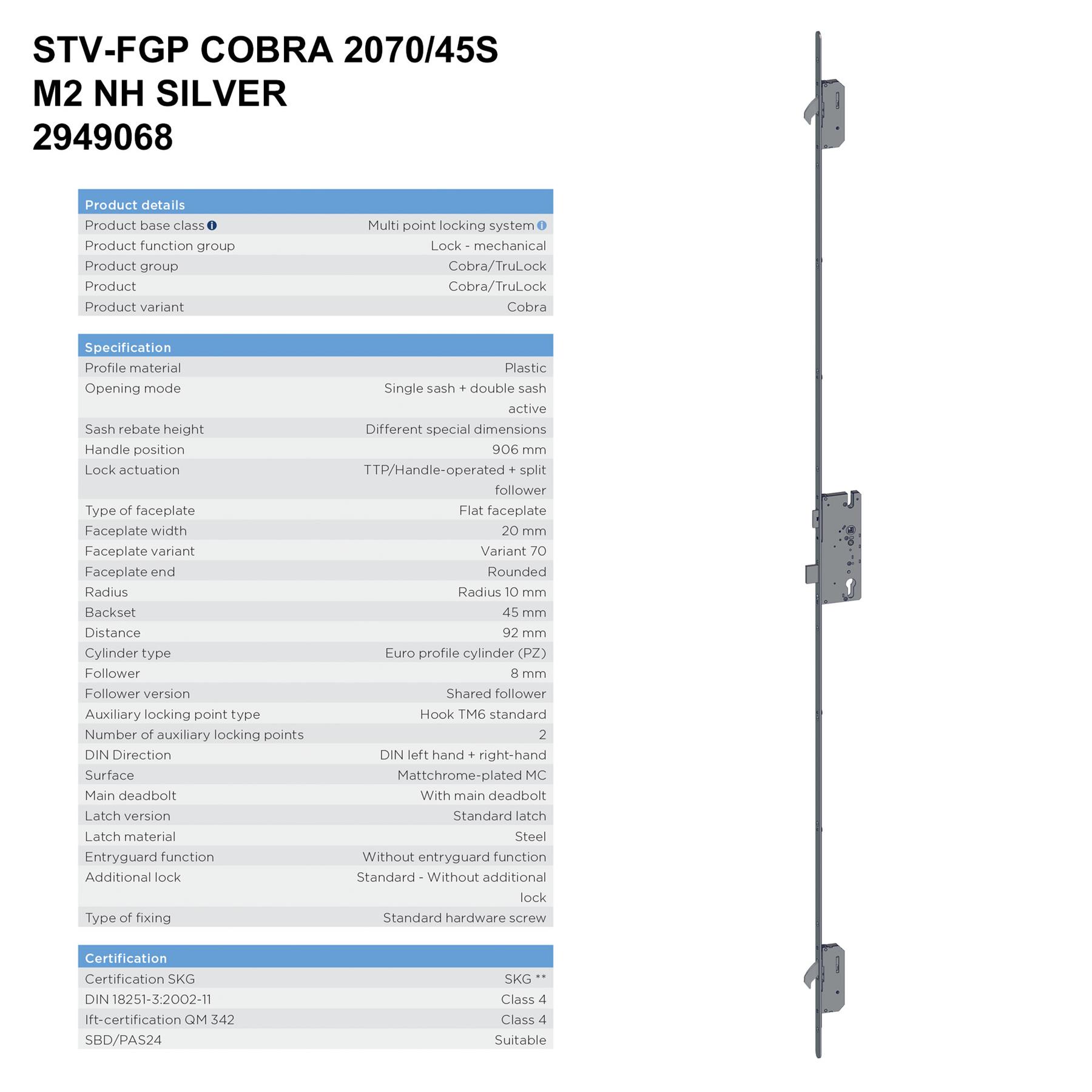 Winkhaus Cobra STV UPVC Door Lock 2 Hook Split Spindle Lift Lever 20mm Faceplate