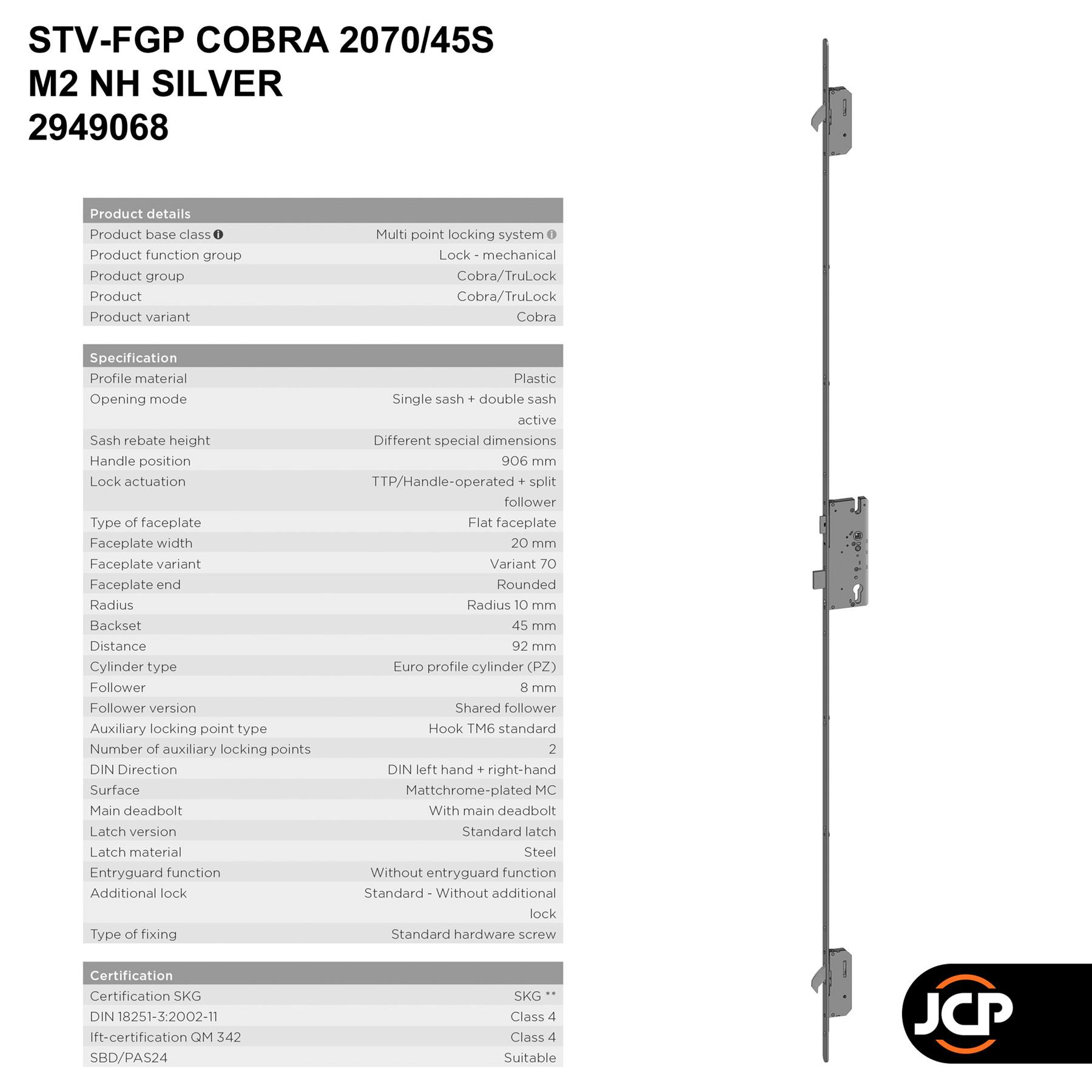 Winkhaus Cobra STV UPVC Door Lock 2 Hook Split Spindle Lift Lever 20mm Faceplate