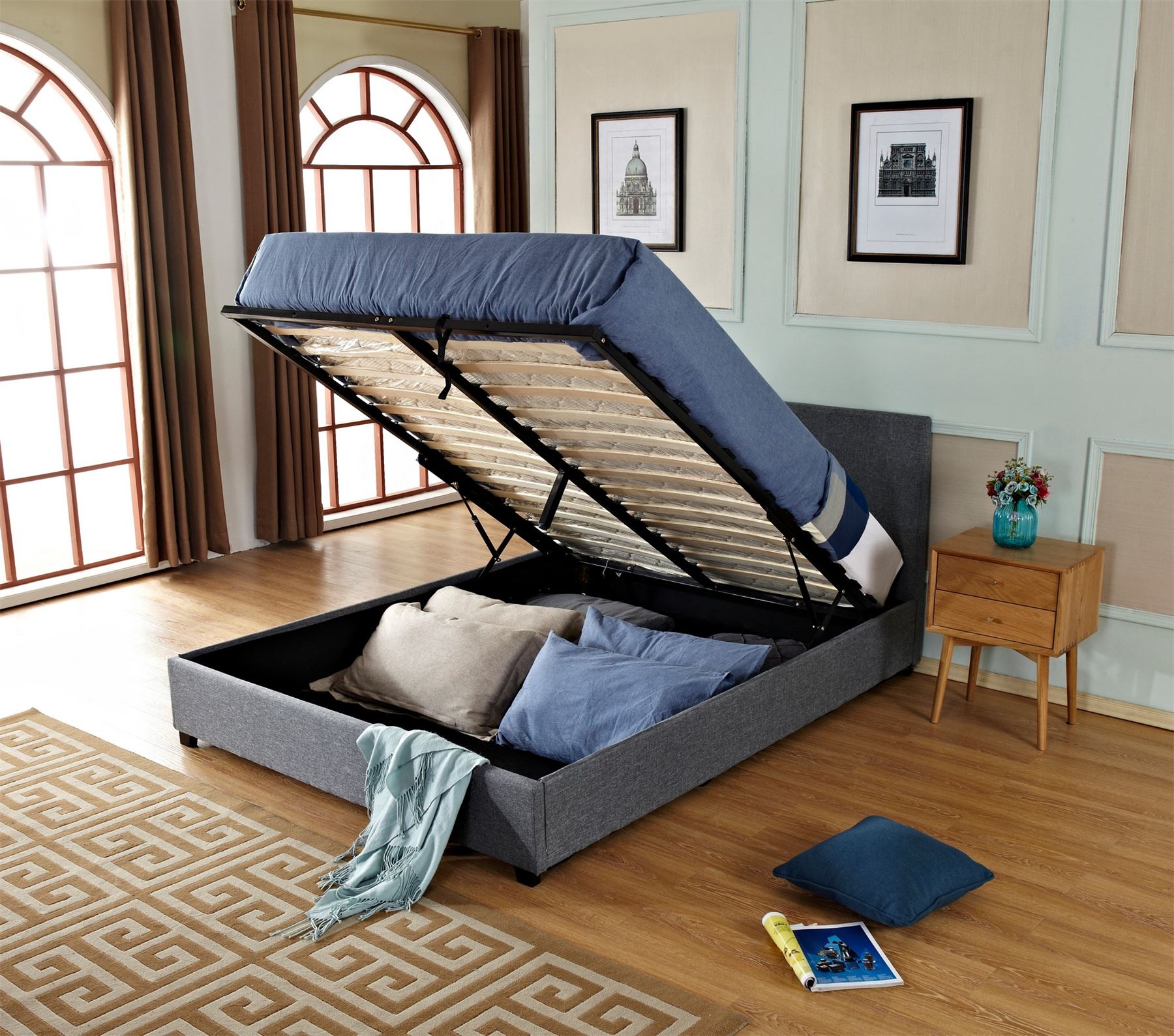 4ft6 Double Ottoman Storage Gas Lift Up Bed Optional Memory Foam Mattress