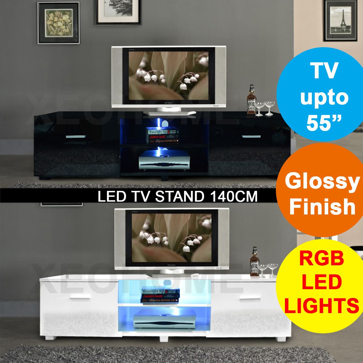 At Home Comforts Luna 160cm White High Gloss Front//Matt Body TV Unit Cabinet Stand with LED Lights and Drawer Large