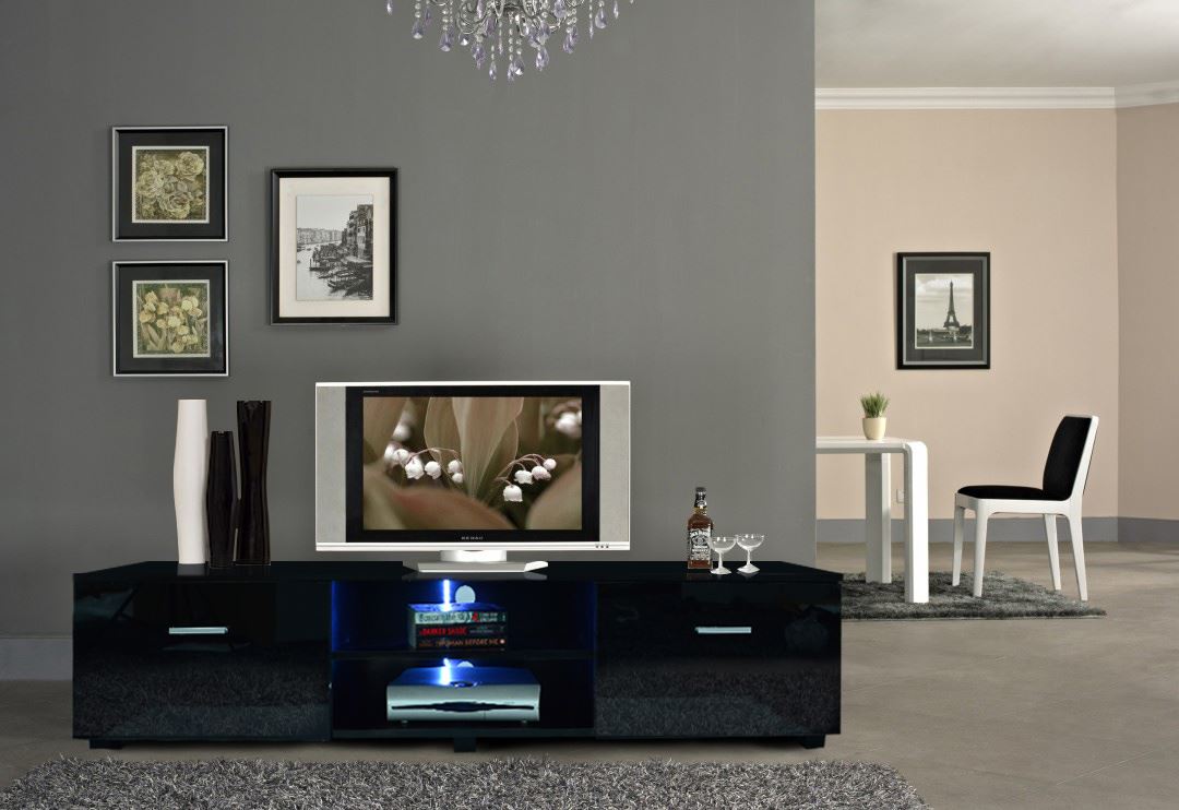 Modern TV Unit Stand Black/White Matt High Gloss 2 Drawers Led