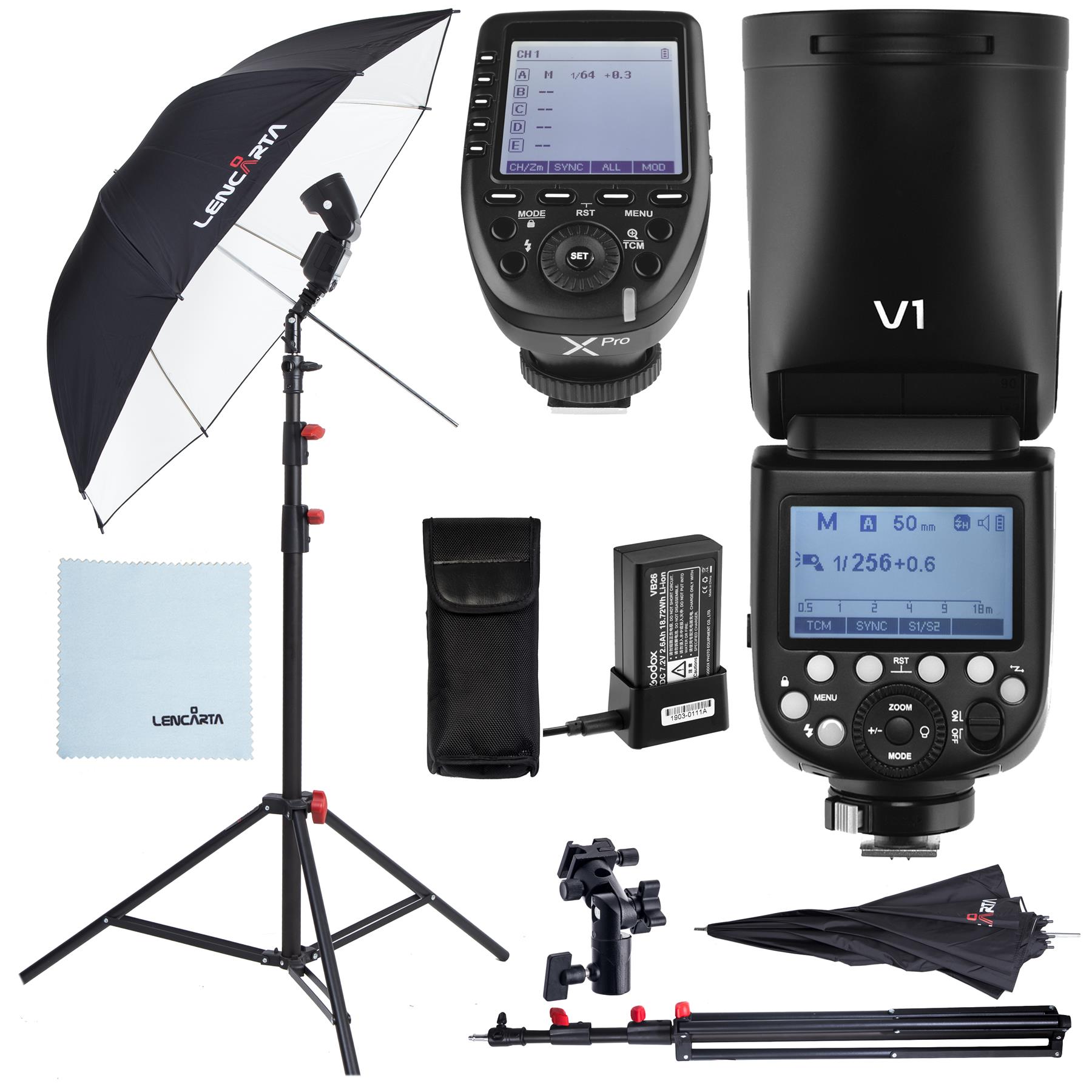 Godox V1 Flash Strobe Lighting Kit with Stand Umbrella and XPRO Olympus